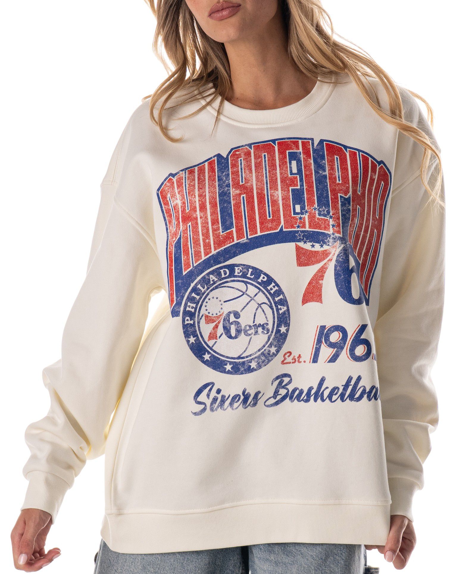 The Wild Collective Adult Philadelphia 76ers Off-White Graphic Crewneck Sweatshirt