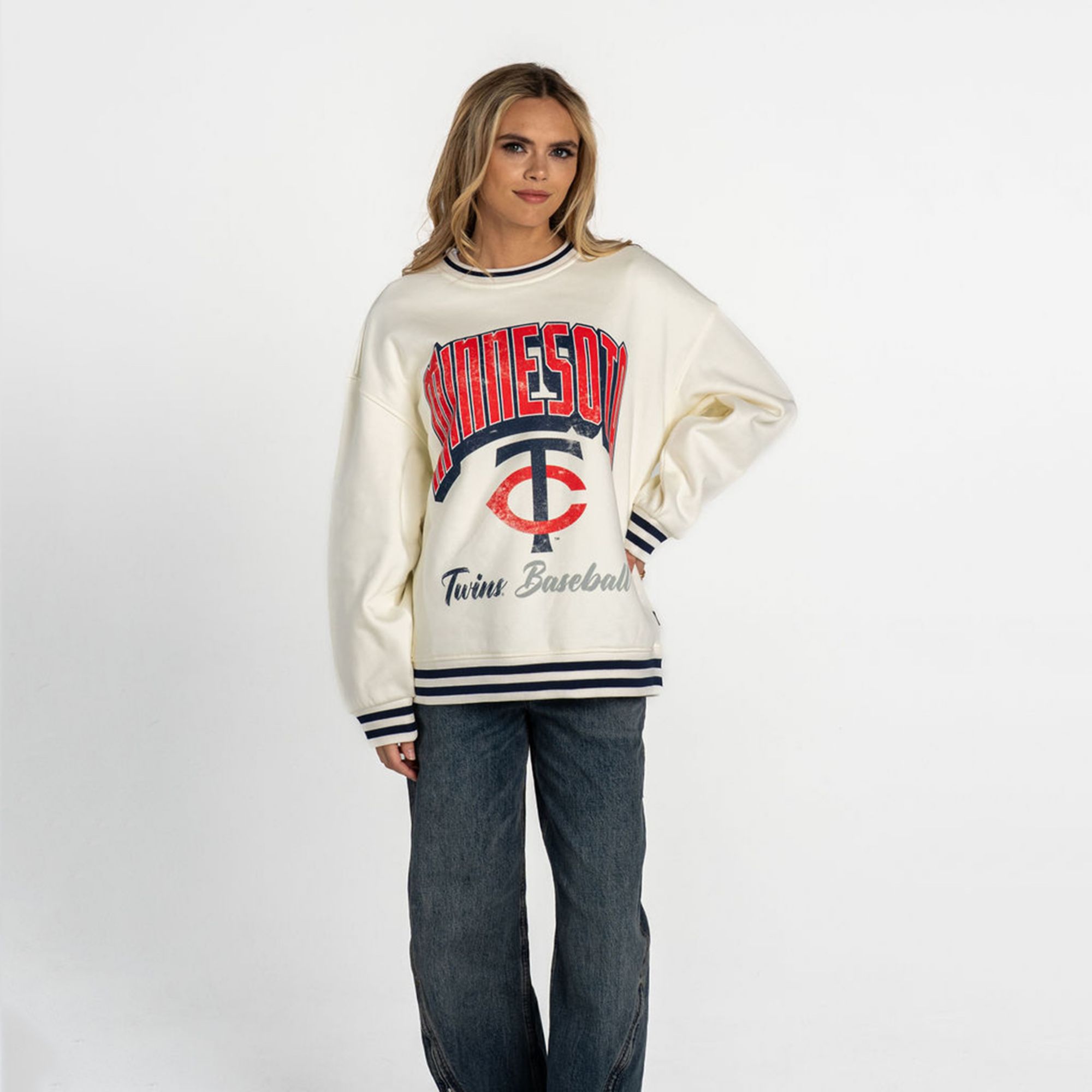 The Wild Collective Women's Minnesota Twins White Vintage Ringer Pullover Crewneck Sweatshirt