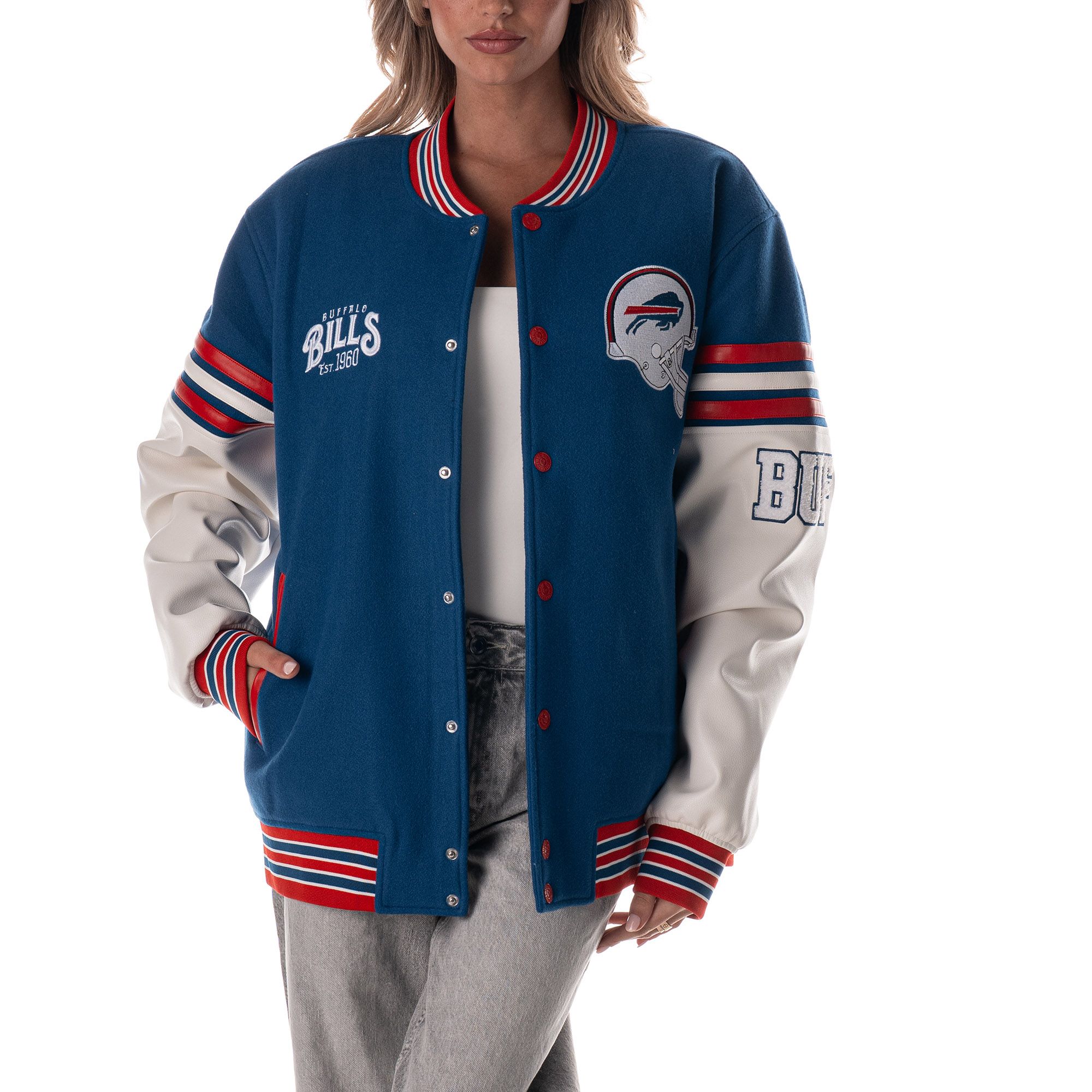 The Wild Collective Women's Buffalo Bills Blue Varsity Jacket