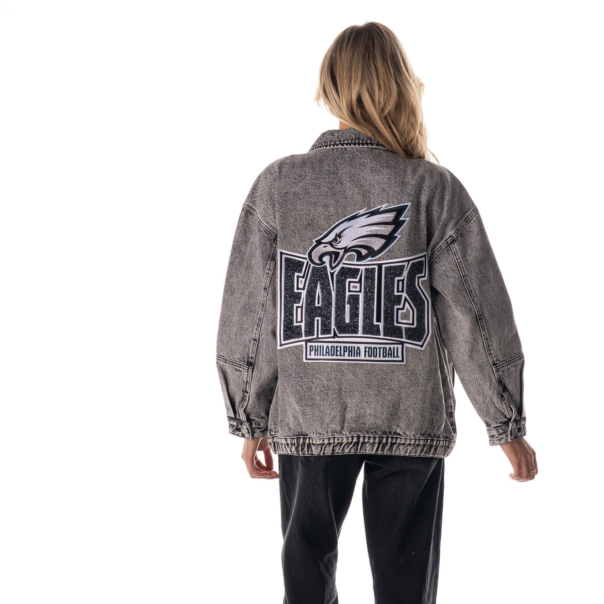 The Wild Collective Women's Philadelphia Eagles Grey Denim Crystal Rock Denim Jacket