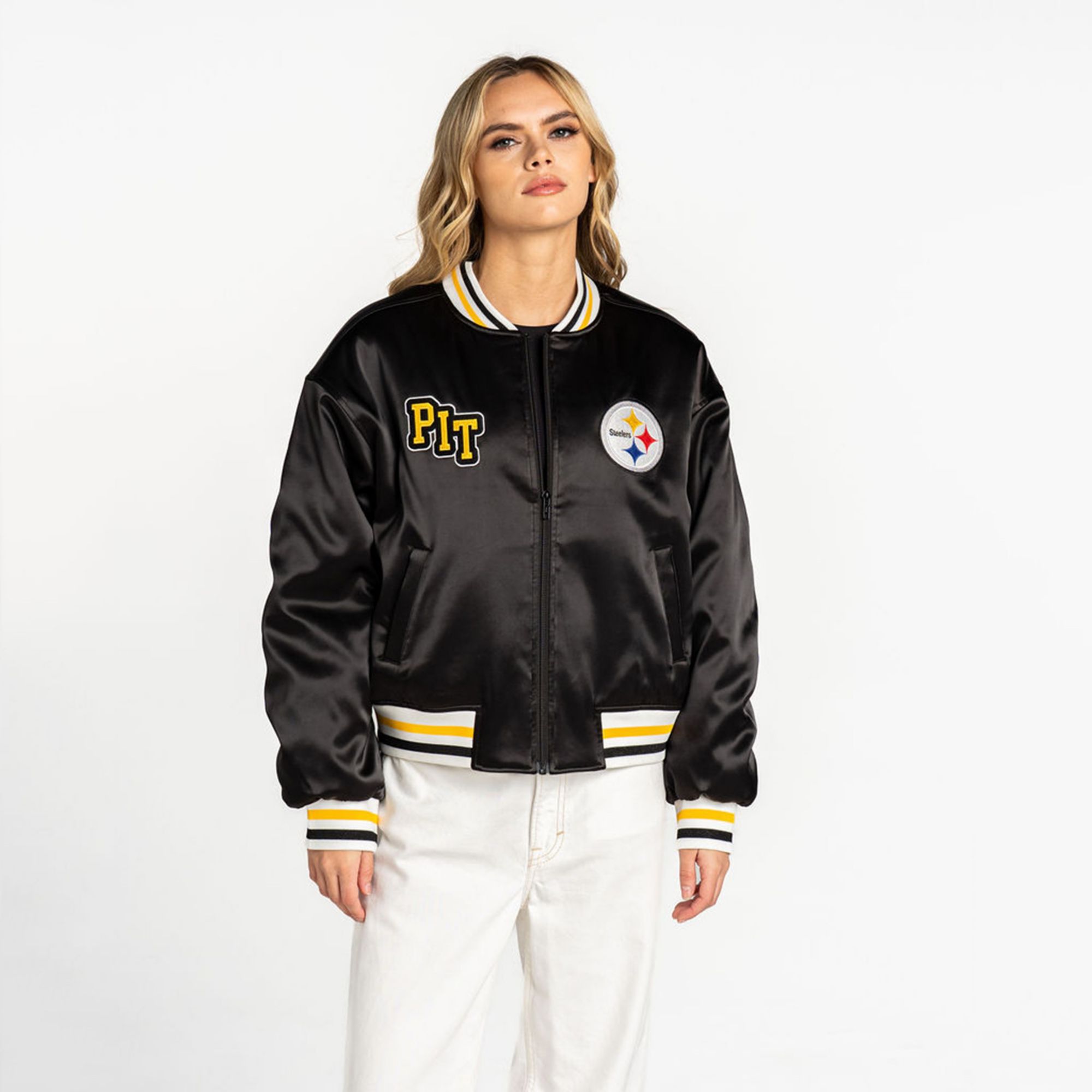 The Wild Collective Women's Pittsburgh Steelers Black Satin Bomber