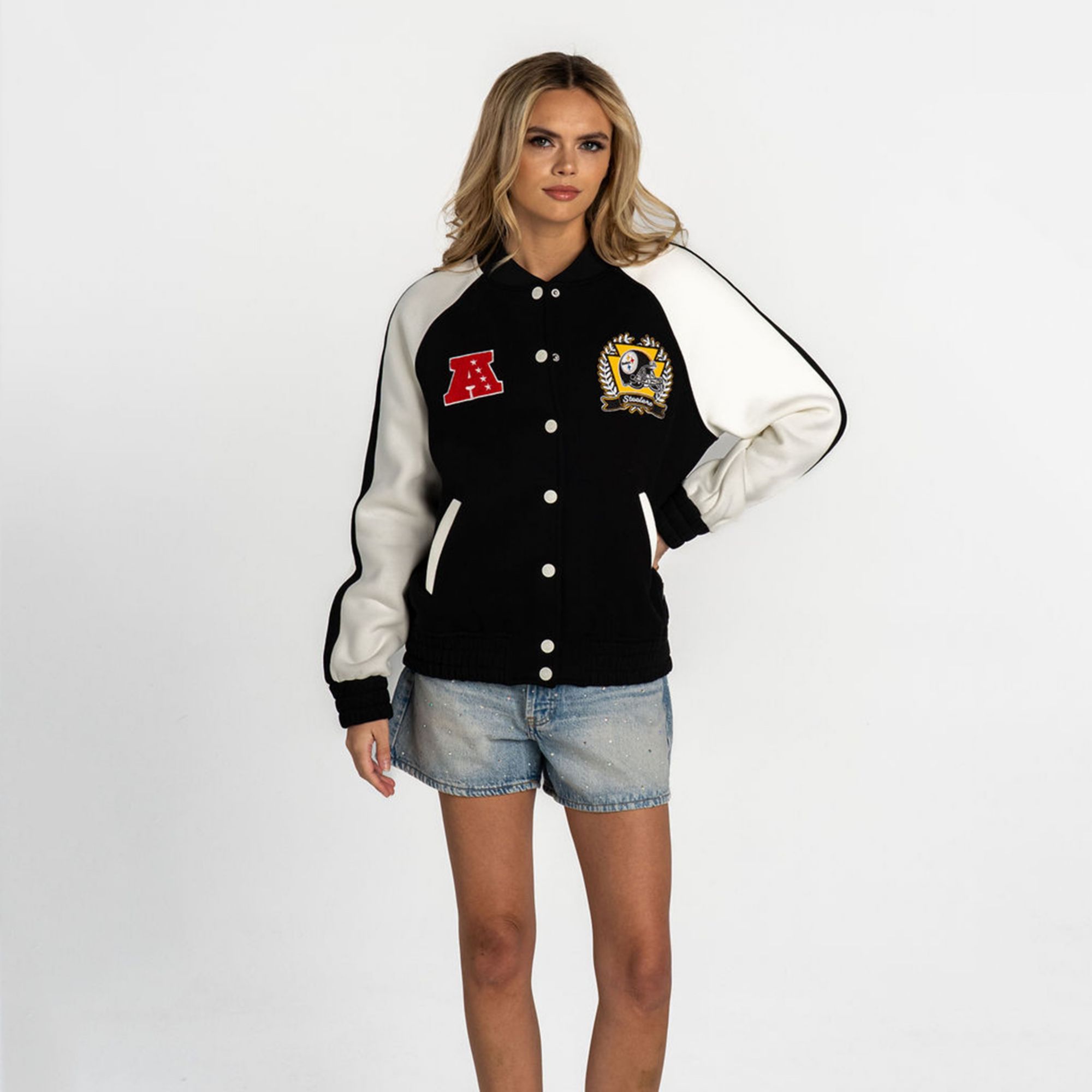 The Wild Collective Women's Pittsburgh Steelers Black Oversized Fleece Bomber