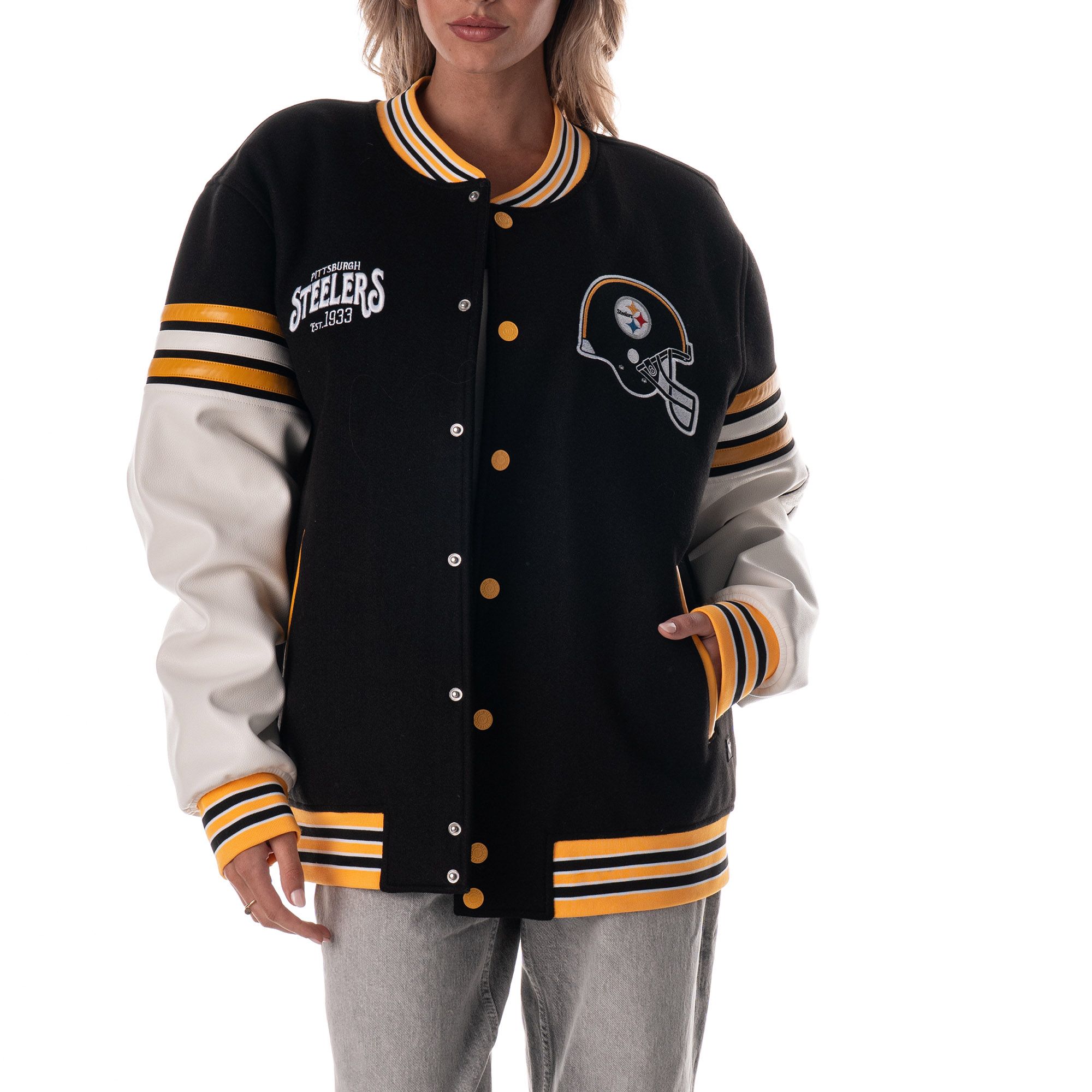 The Wild Collective Women's Pittsburgh Steelers Black Varsity Jacket