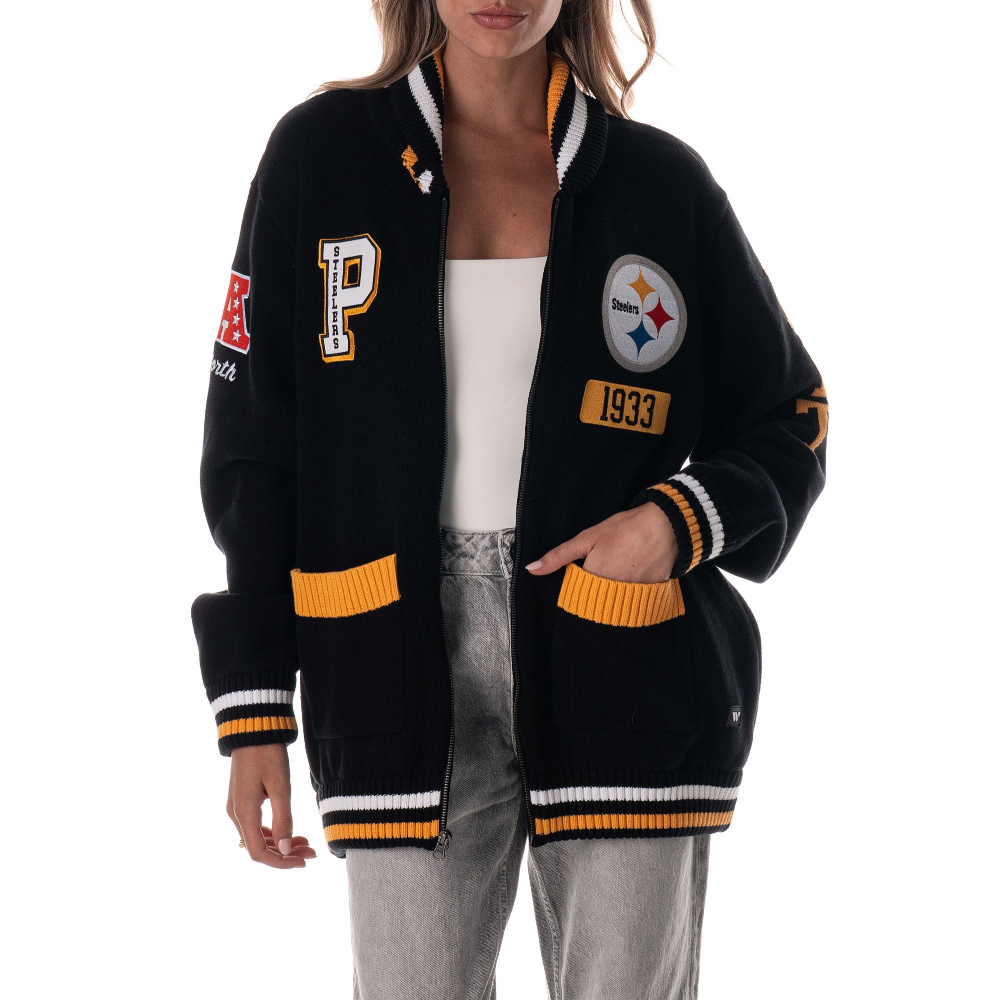 The Wild Collective Women's Pittsburgh Steelers Black Front-Zip Sweater Jacket