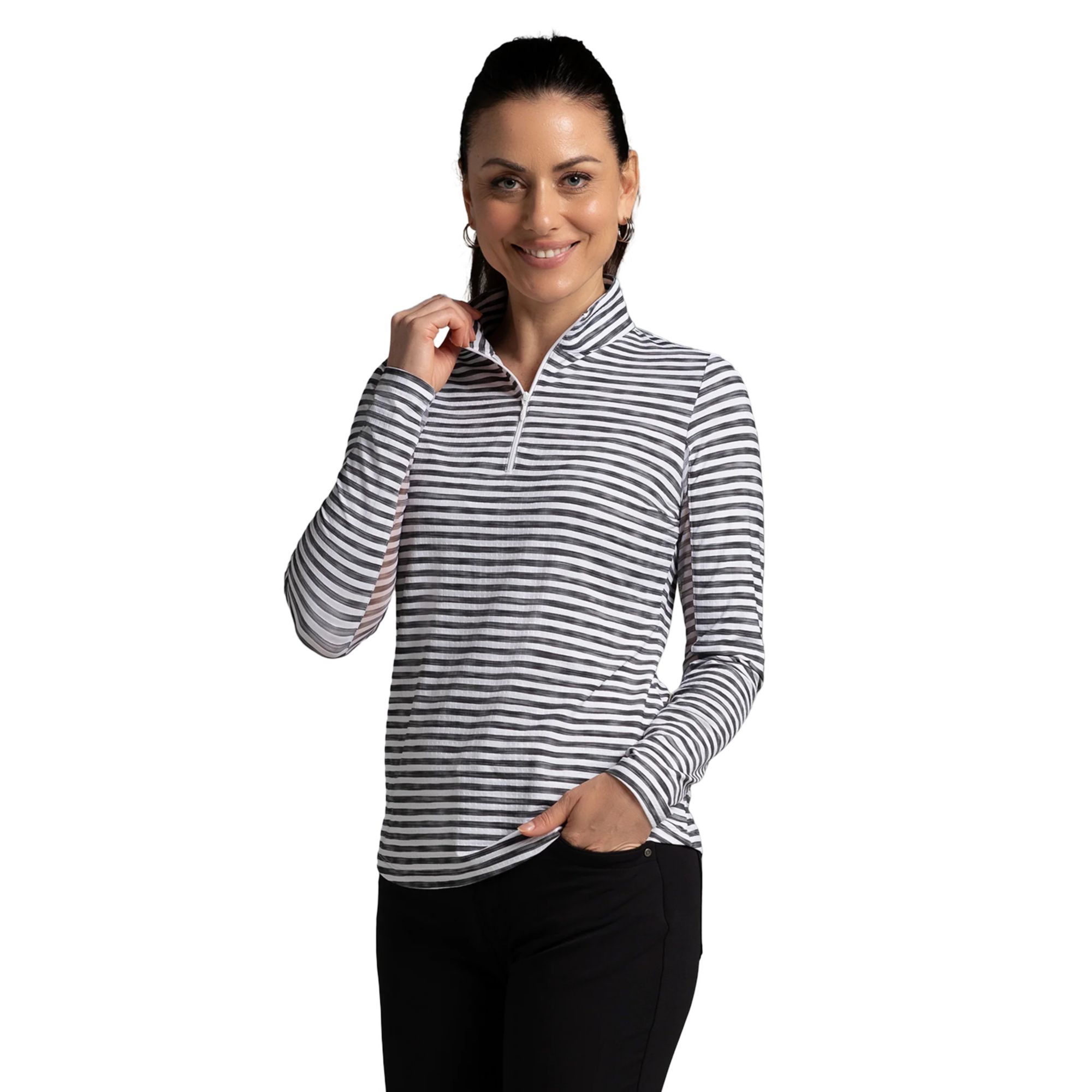 IBKUL Women's Landon Stripe Print Long Sleeve 1/4 Zip Mock Neck Golf Shirt