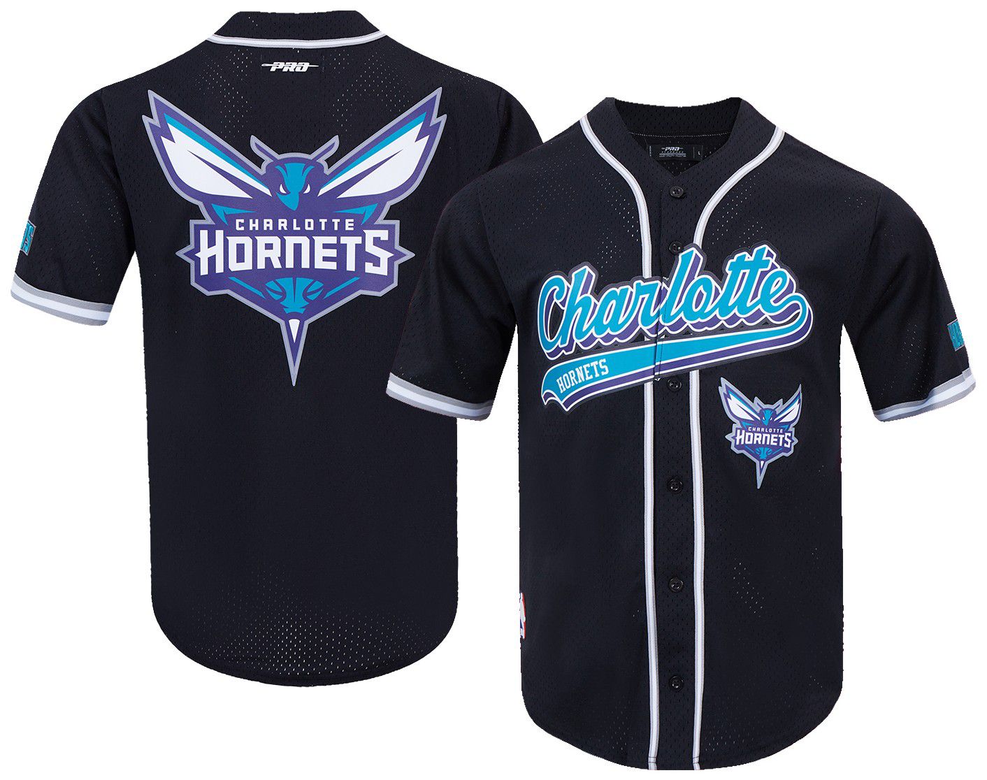 Pro Standard Men's Charlotte Hornets Black Script Tail Mesh Button Down Shirt