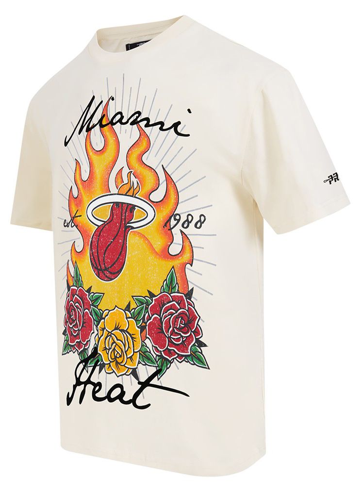 Pro Standard Men's Miami Heat Off White Fire And Roses Washed T-Shirt