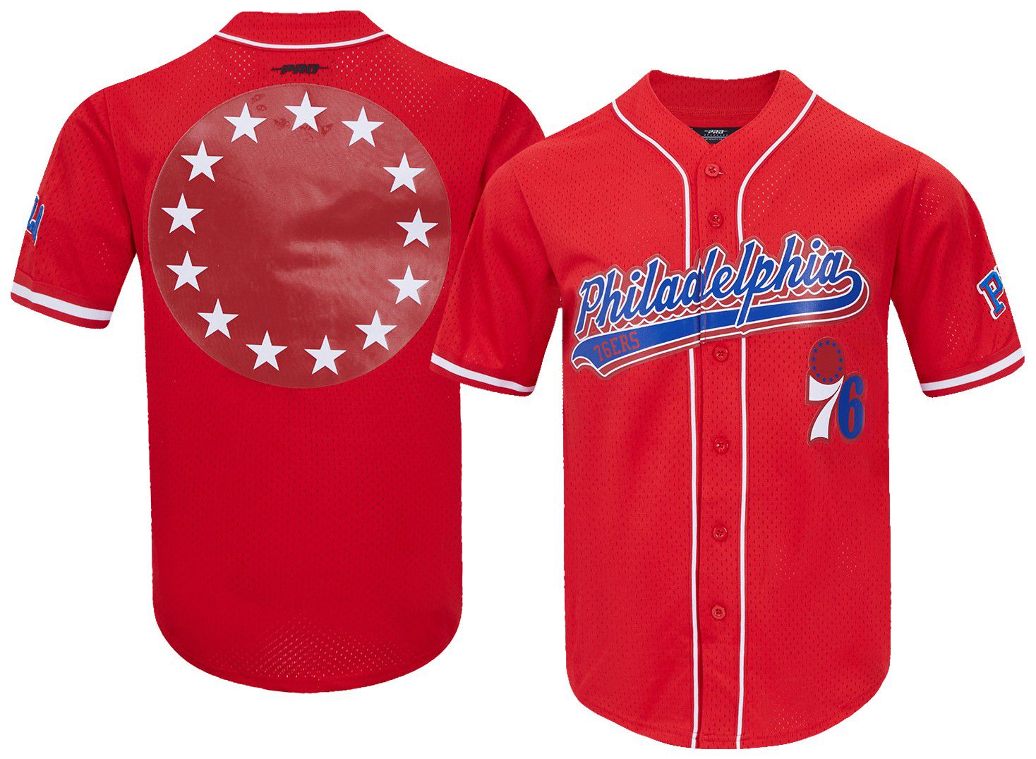 Pro Standard Men's Philadelphia 76ers Red Script Tail Mesh Button Down Shirt