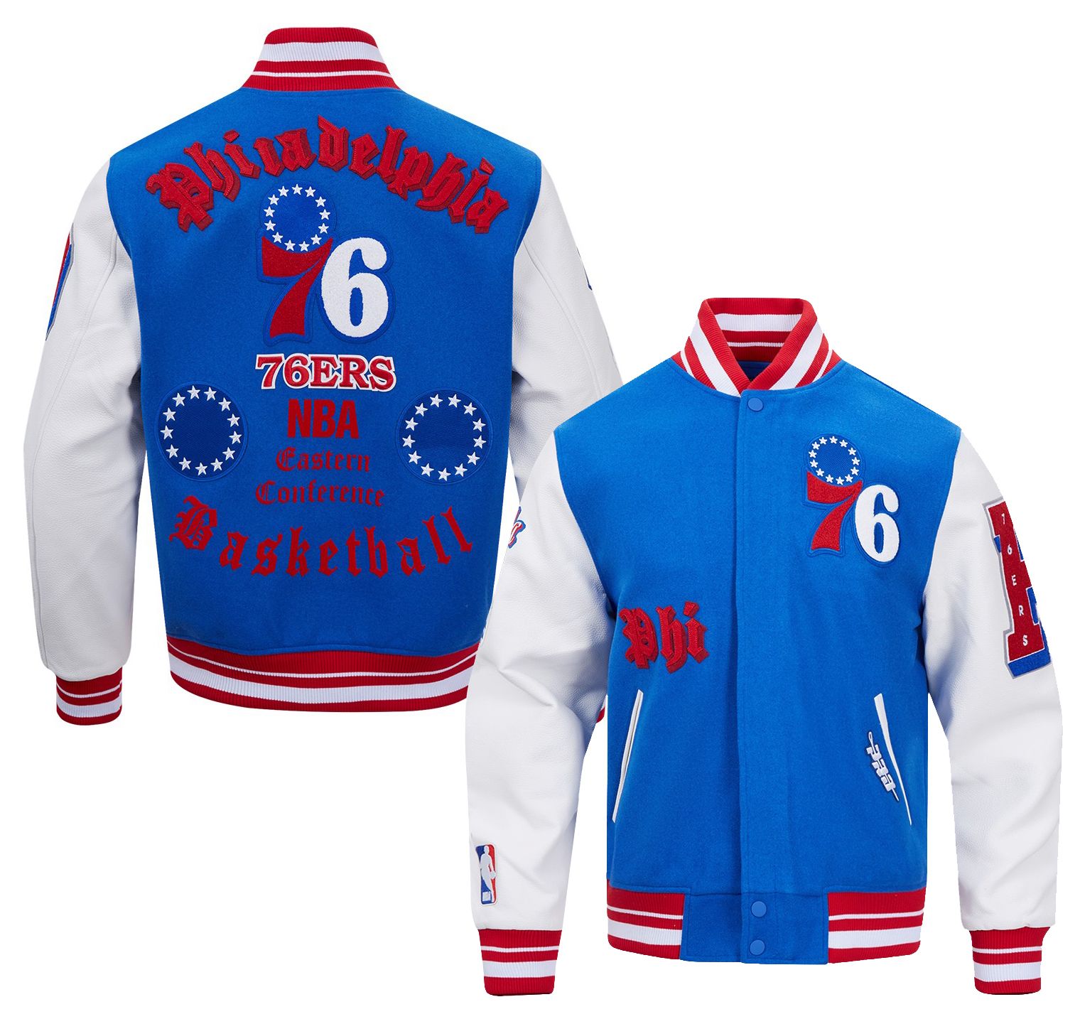 Pro Standard Men's Philadelphia 76ers Royal Old English Rib Wool Varsity Jacket