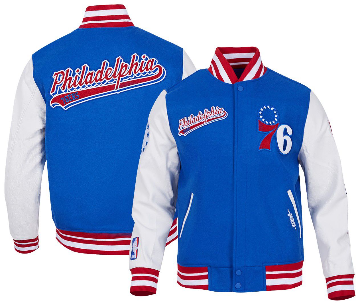 Pro Standard Men's Philadelphia 76ers Royal Script Tail Rib Wool Varsity Jacket