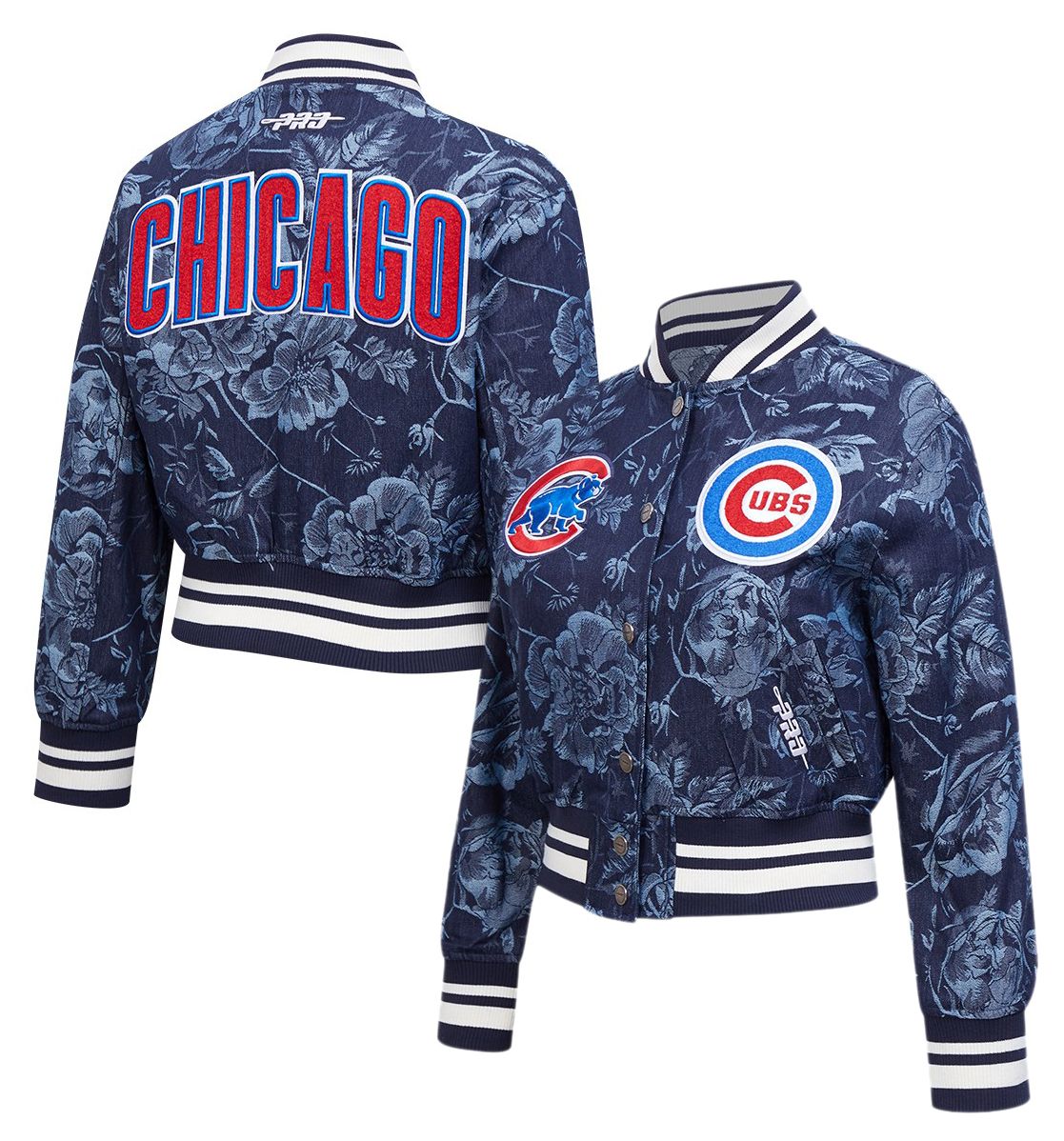 Pro Standard Women's Chicago Cubs Blue Denim Cropped Floral Jacket