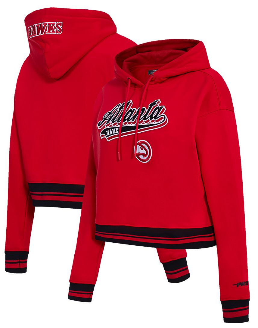 Pro Standard Women's Atlanta Hawks Red Script Tail Rib Cropped Fleece Pullover Hoodie