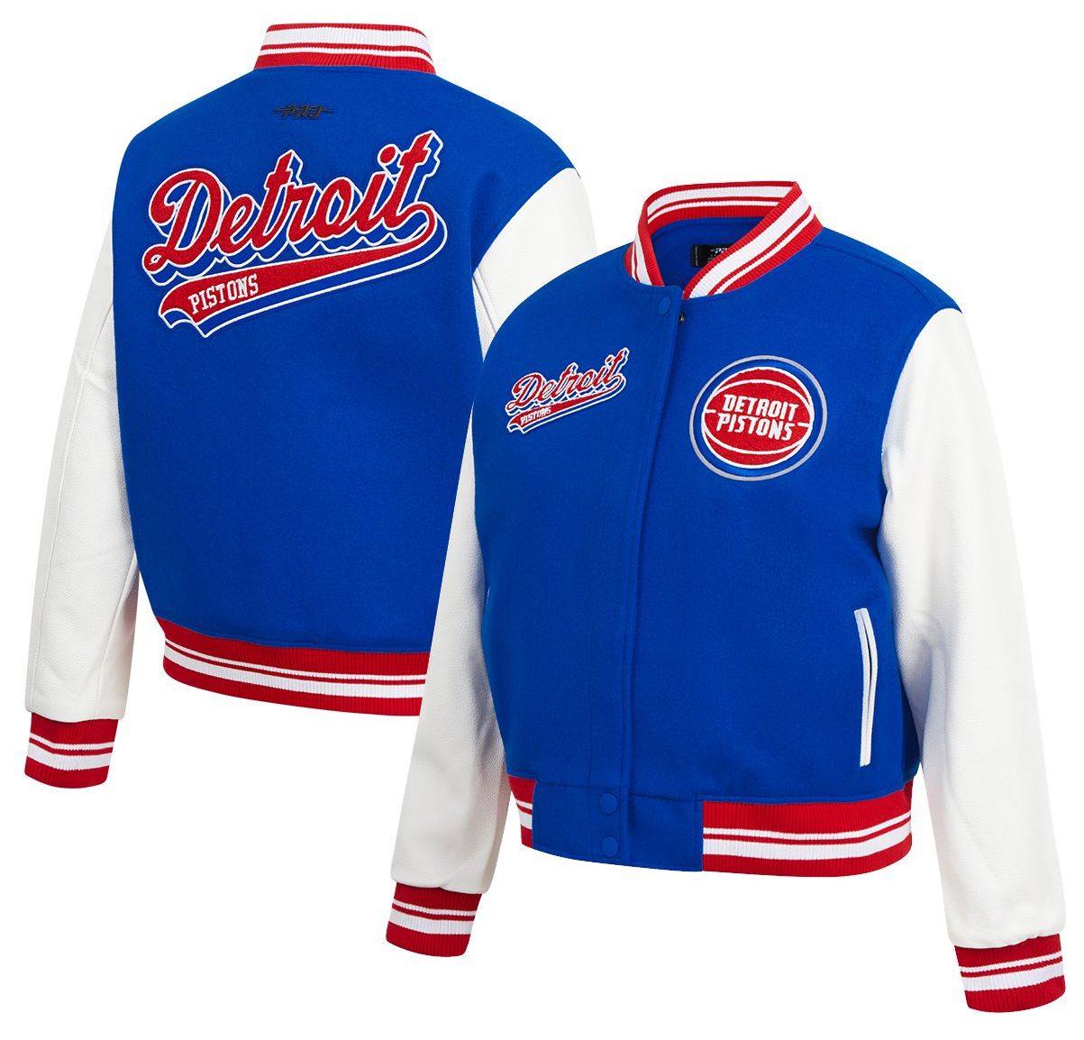 Pro Standard Women's Detroit Pistons Blue Script Tail Wool Varsity Jacket