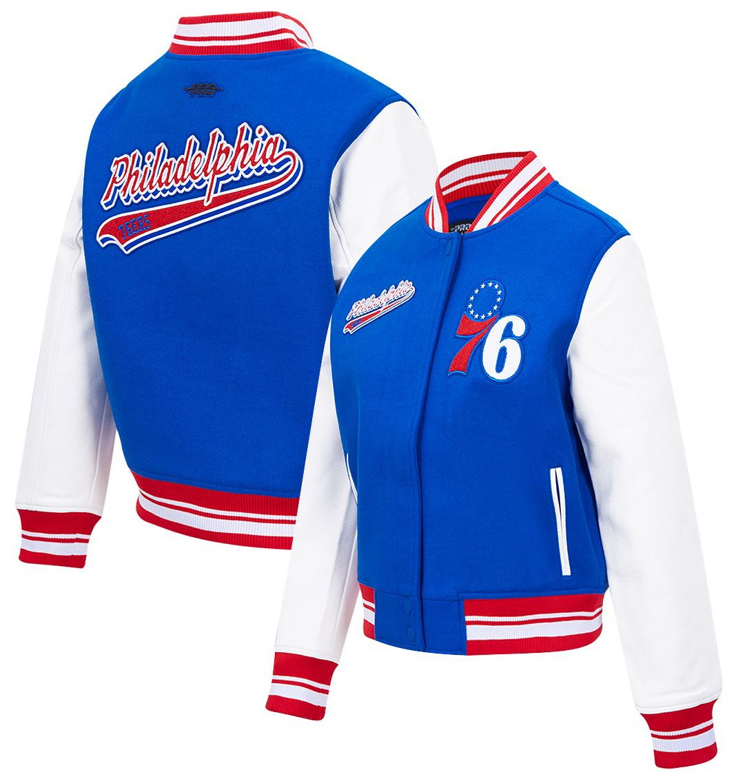 Pro Standard Women's Philadelphia 76ers Blue Script Tail Wool Varsity Jacket