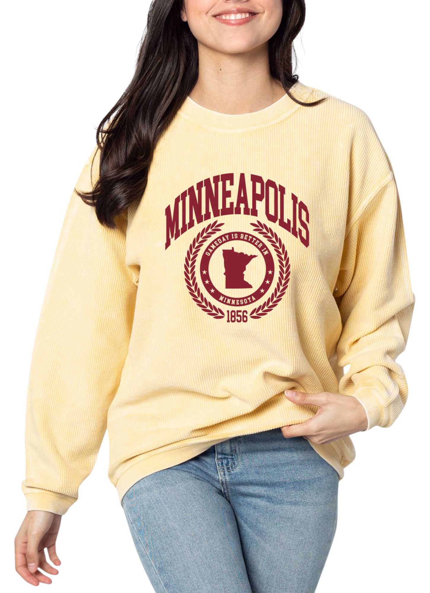 chicka-d Women's Minneapolis Yellow College Graphic Crew Pullover Sweatshirt