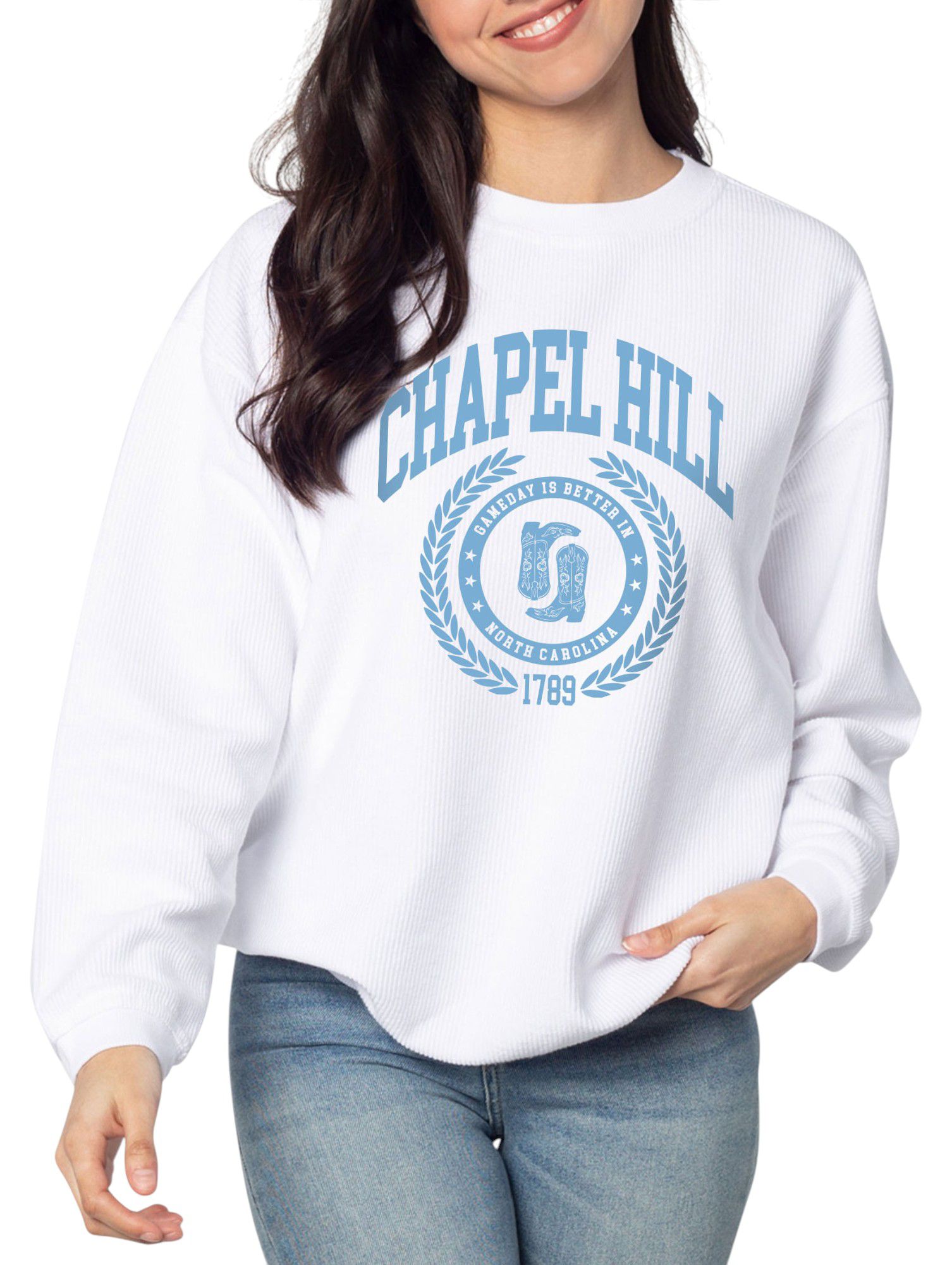 chicka-d Women's Chapel Hill White College Graphic Crew Pullover Sweatshirt