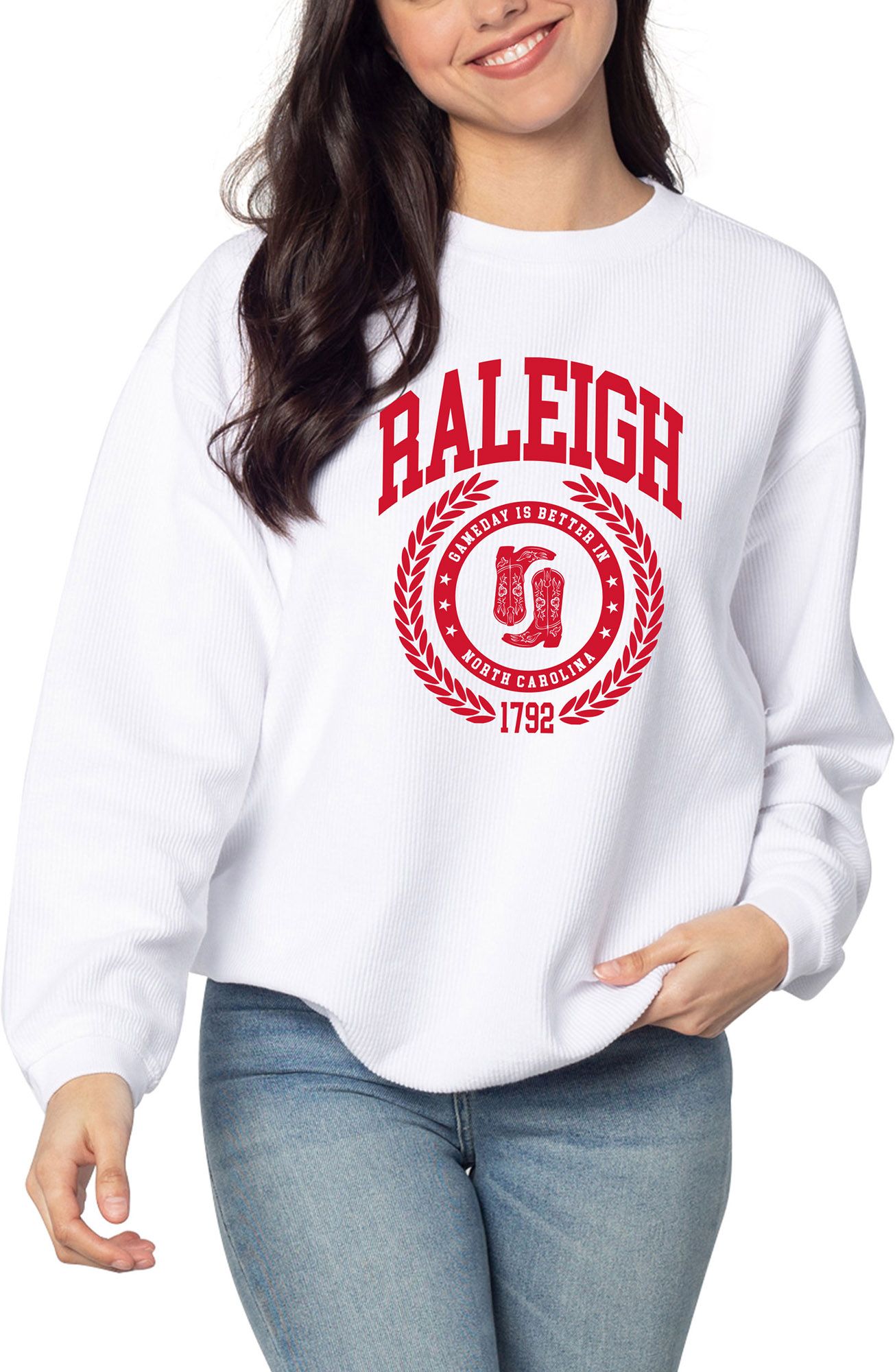 chicka-d Women's Raleigh White College Graphic Crew Pullover Sweatshirt