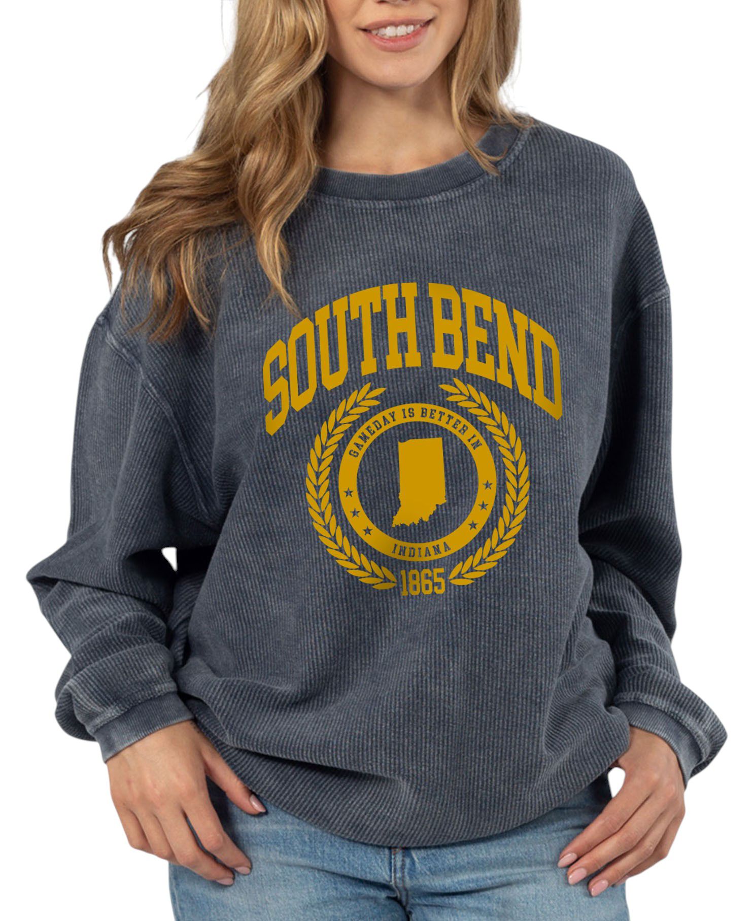 chicka-d Women's South Bend Navy College Graphic Crew Pullover Sweatshirt
