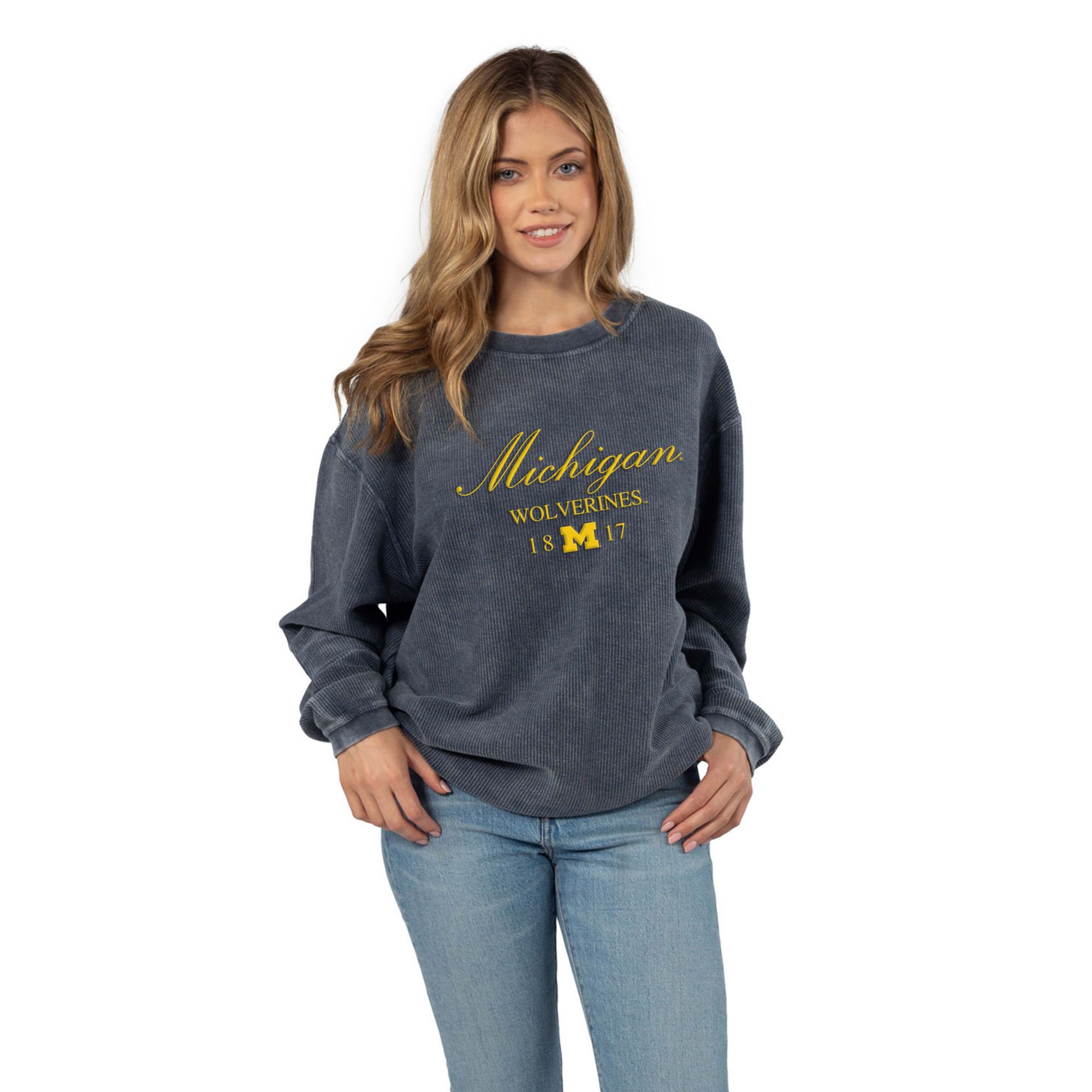 chicka-d Women's Michigan Wolverines Navy Resort Corded Crewneck Sweatshirt