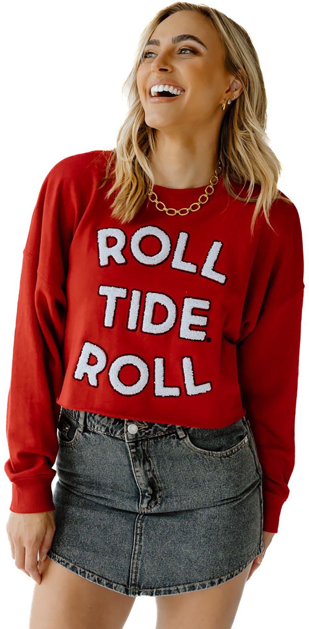 Gameday Social Women's Alabama Crimson Tide Crimson Chenille Cropped Crewneck Sweatshirt