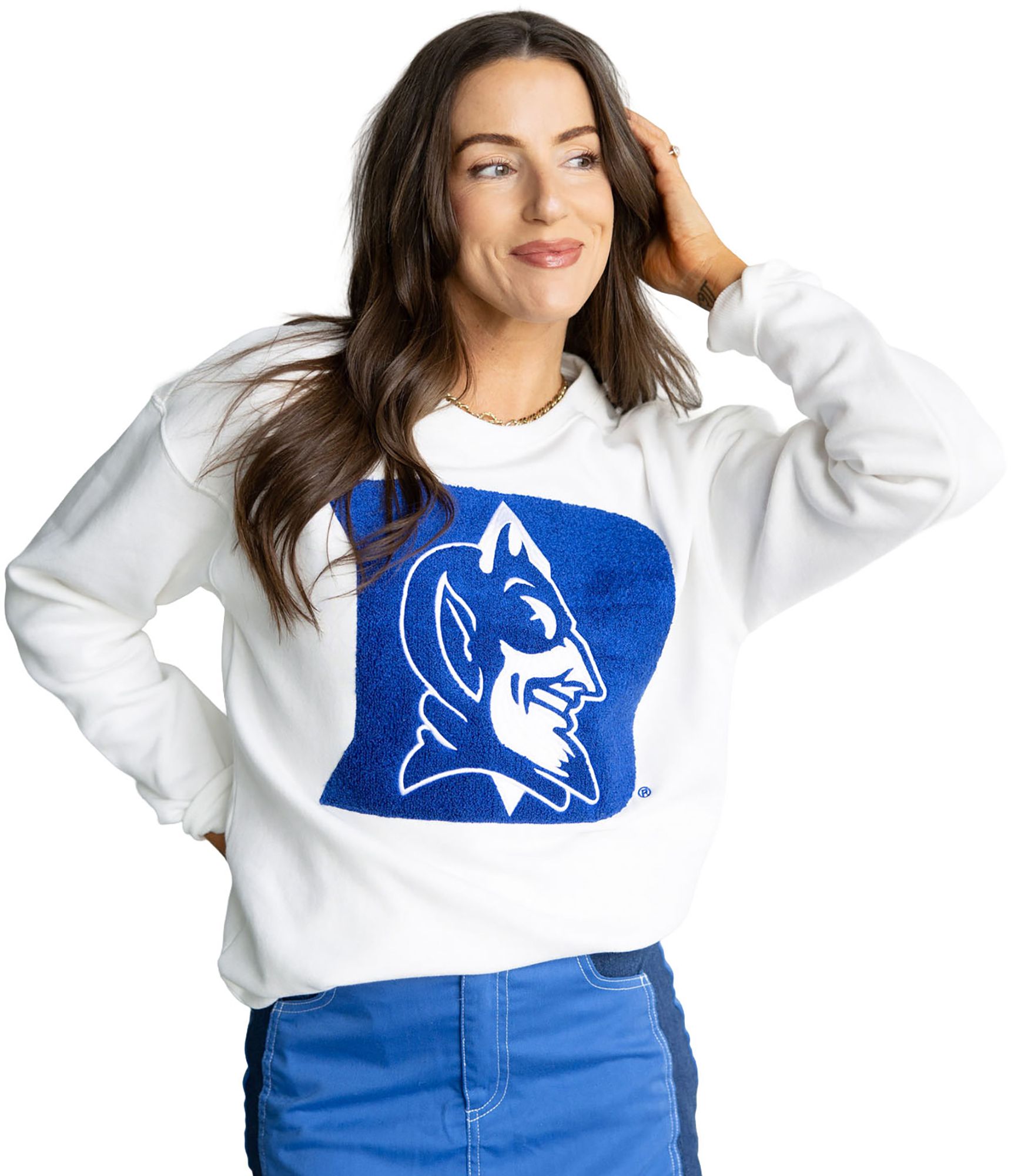 Gameday Social Women's Duke Blue Devils White Mascot Crewneck Sweatshirt