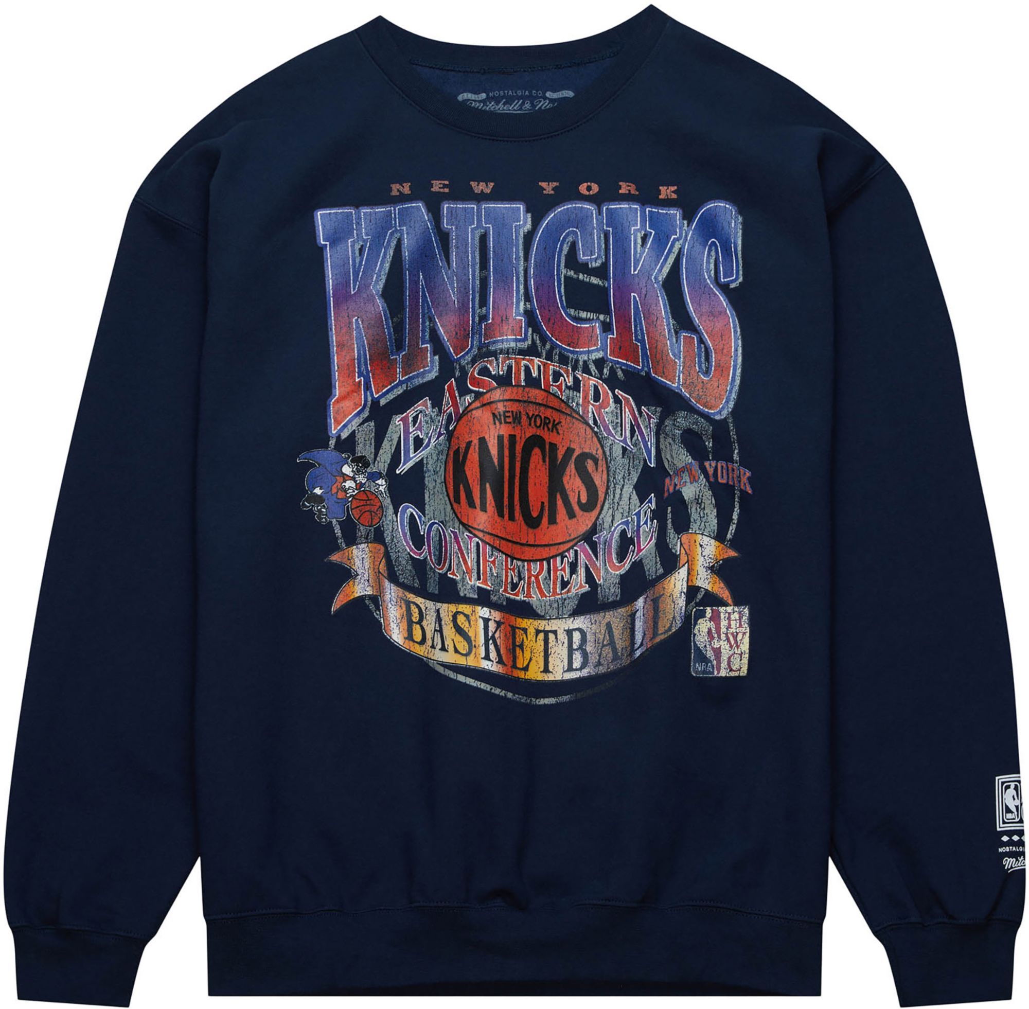 Mitchell &amp; Ness Men's New York Knicks Blue Retro Graphic Easy Cool Crew Pullover Sweatshirt