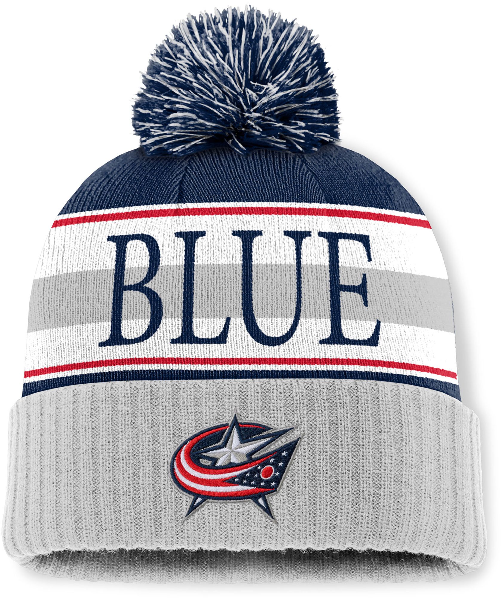 Mitchell & Ness Men's Columbus Blue Jackets Blue and Grey Classic Pom Knit Beanie