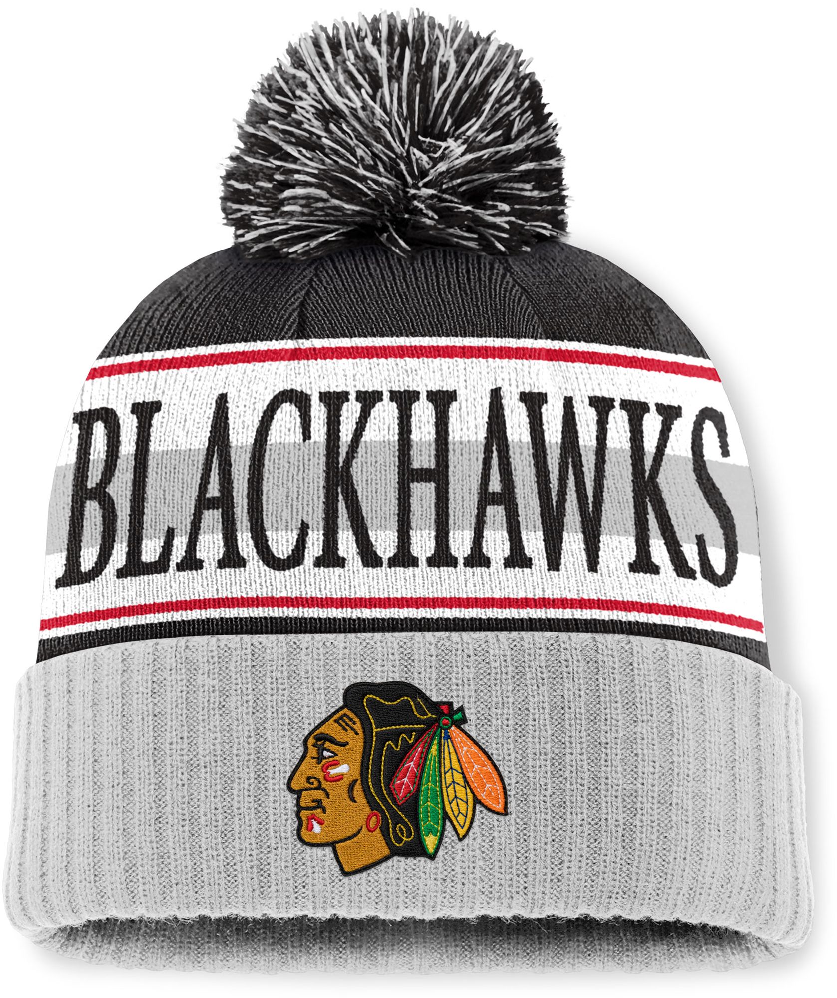 Mitchell & Ness Men's Chicago Blackhawks Black and Grey Classic Pom Knit Beanie