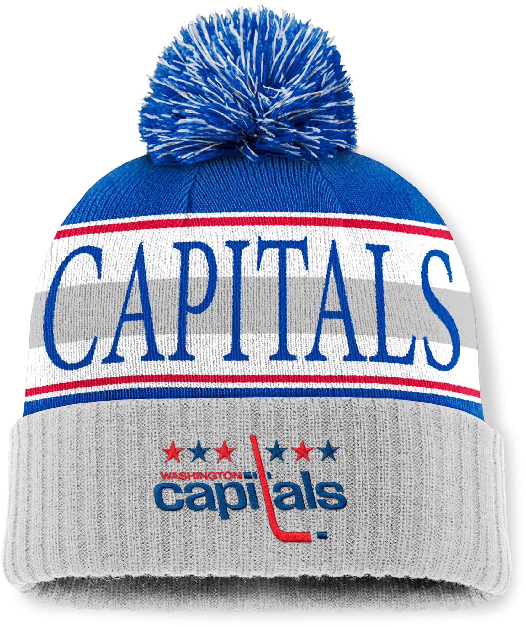 Mitchell & Ness Men's Washington Capitals Blue and Grey Classic Pom Knit Beanie