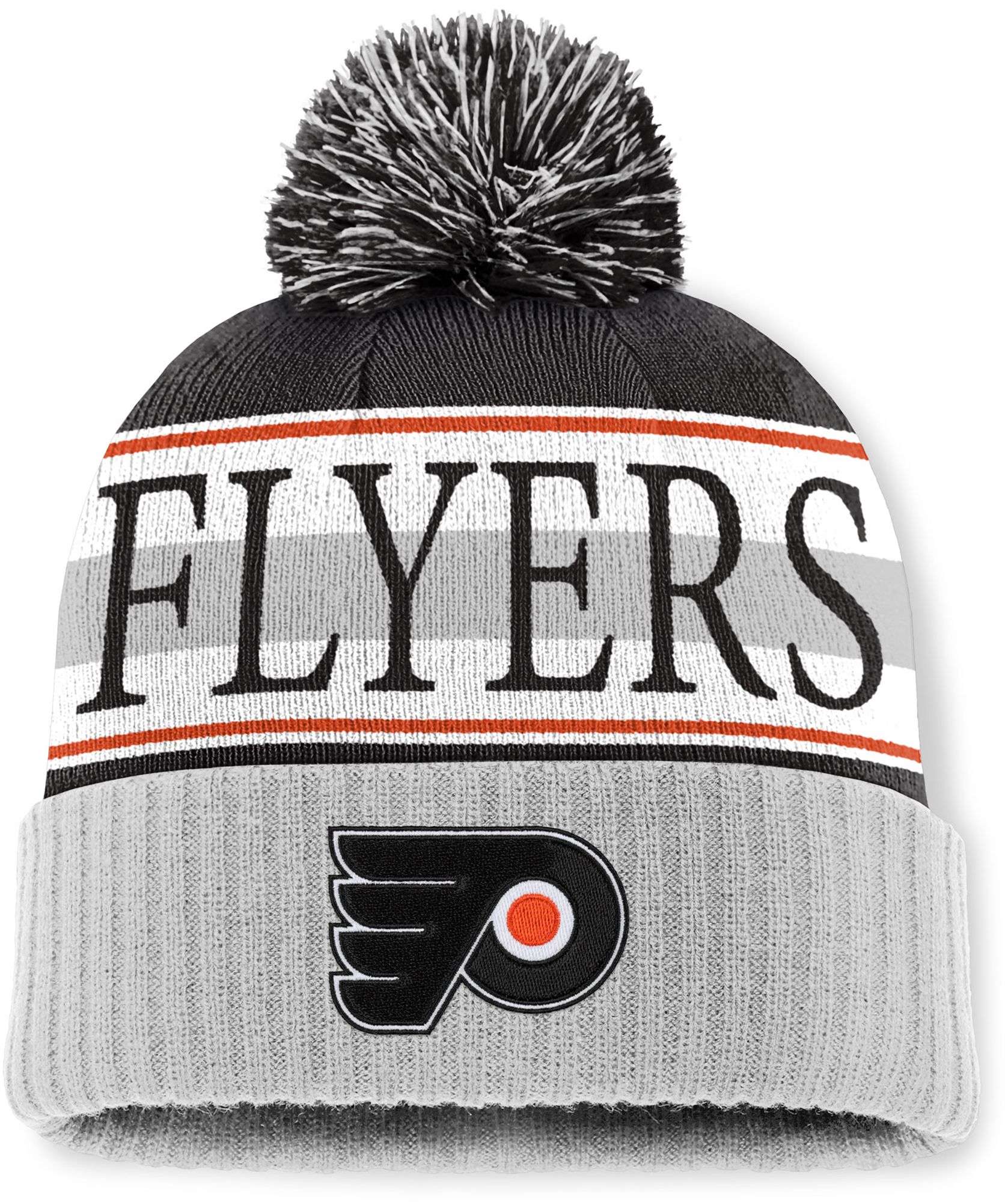 Mitchell & Ness Men's Philadelphia Flyers Black and Grey Classic Pom Knit Beanie