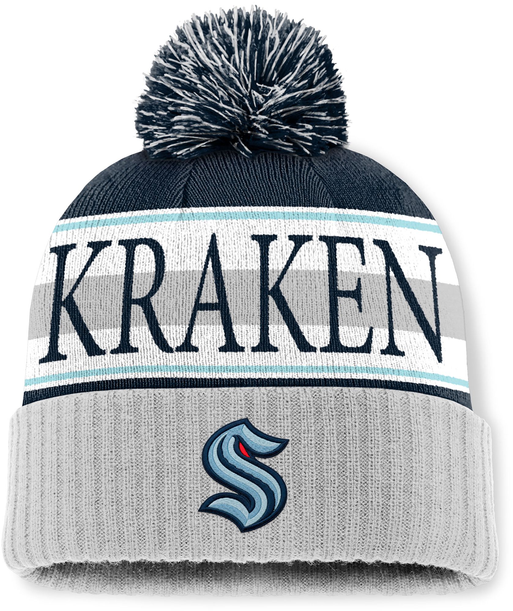 Mitchell & Ness Men's Seattle Kraken Navy and Grey Classic Pom Knit Beanie