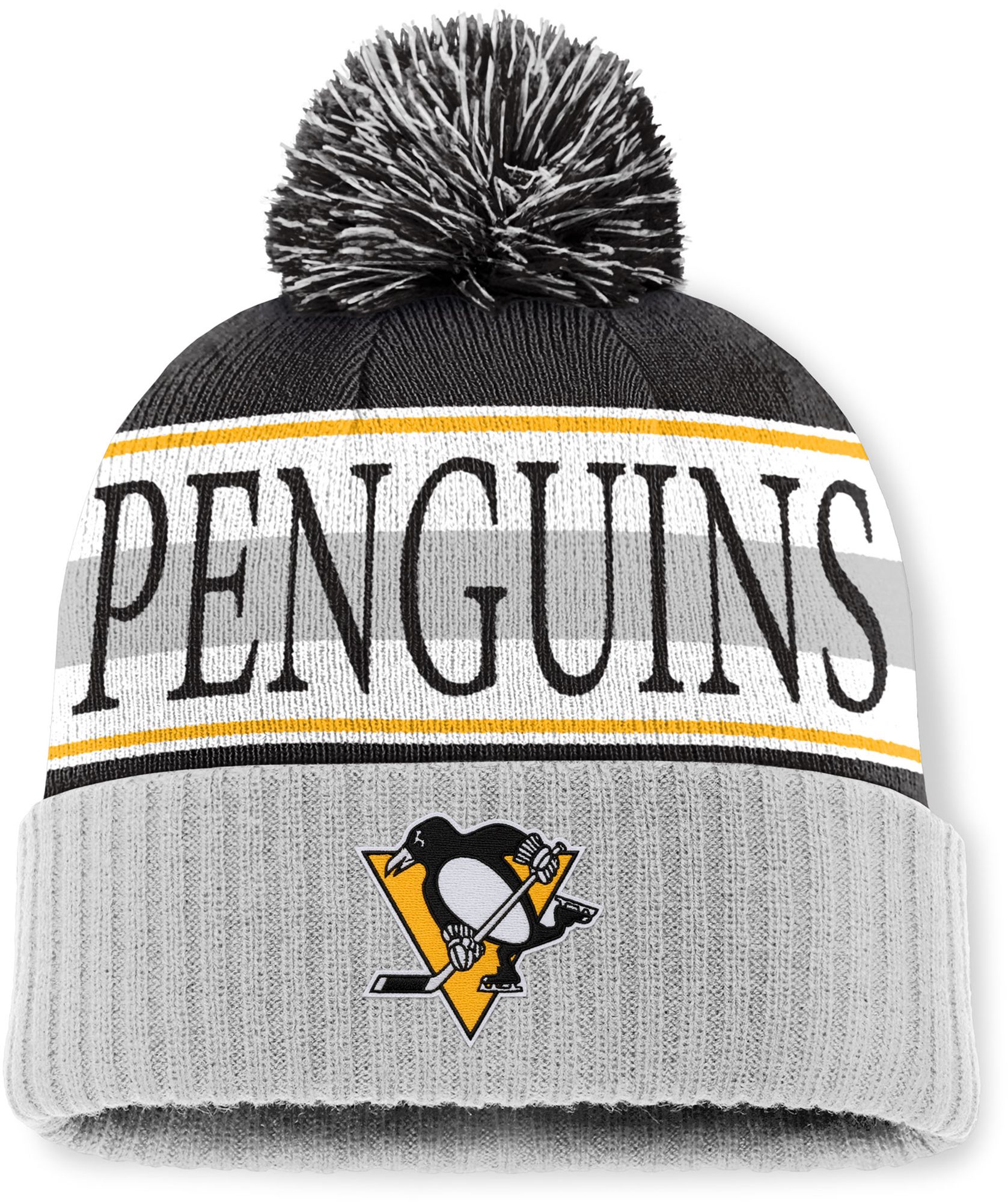 Mitchell & Ness Men's Pittsburgh Penguins Black and Grey Classic Pom Knit Beanie