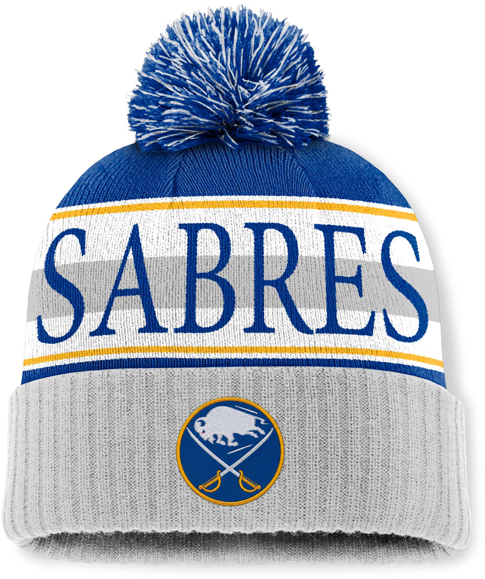 Mitchell & Ness Men's Buffalo Sabres Blue and Grey Classic Pom Knit Beanie