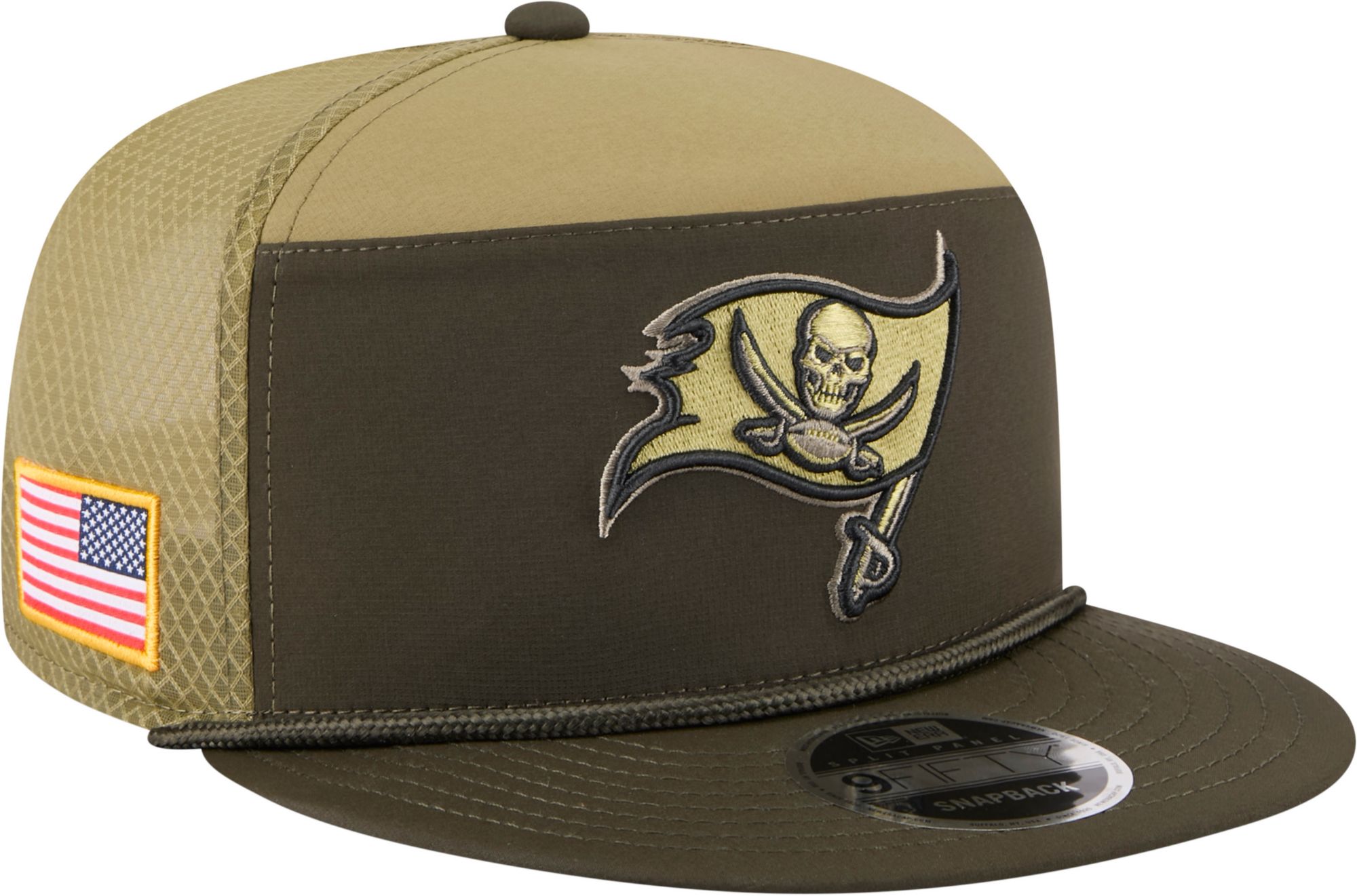 New Era Adult Tampa Bay Buccaneers Olive Green Salute To Service 2025 Split Panel 9Fifty Adjustable Snapback Hat
