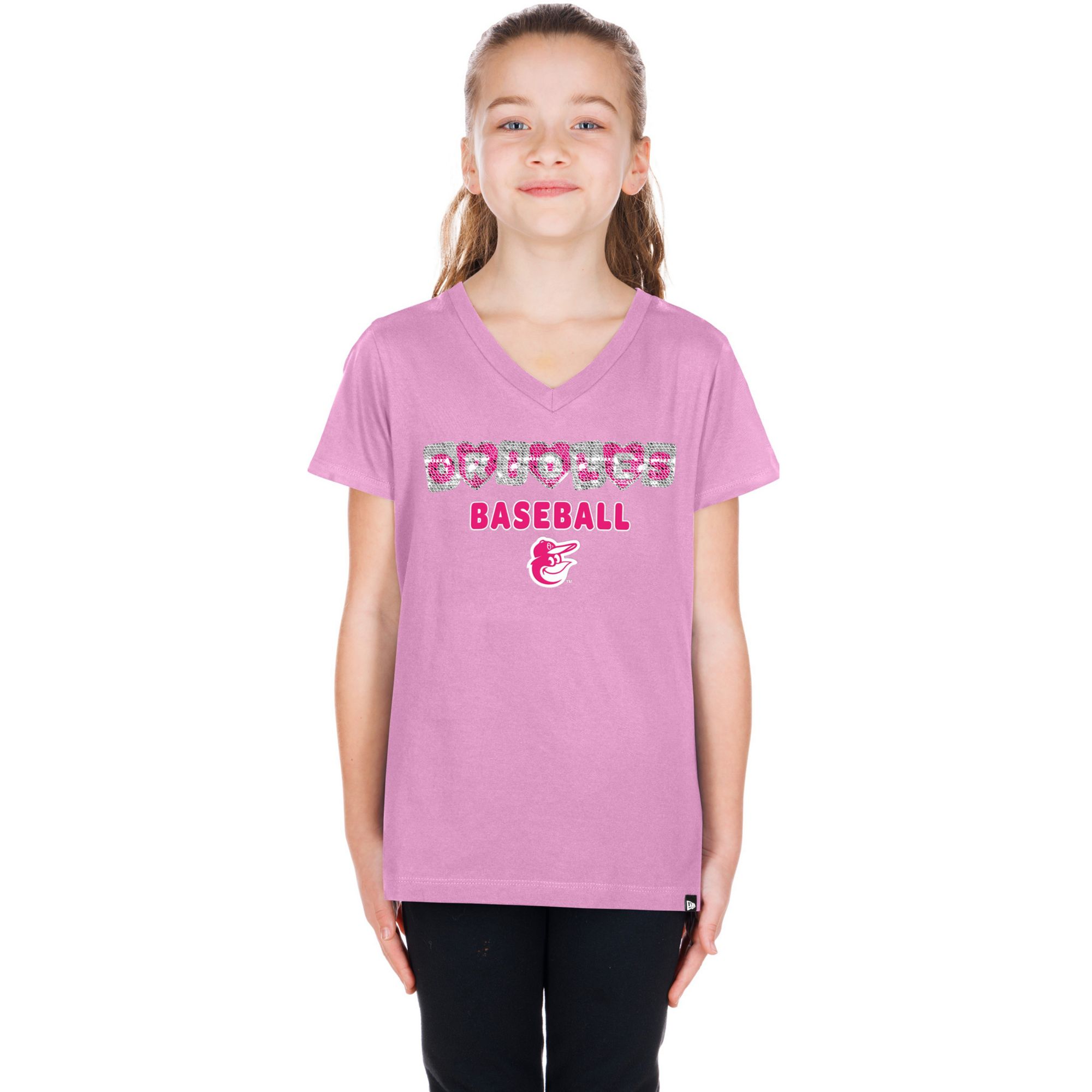 New Era Girls' Baltimore Orioles Pink Flip Sequin T-Shirt