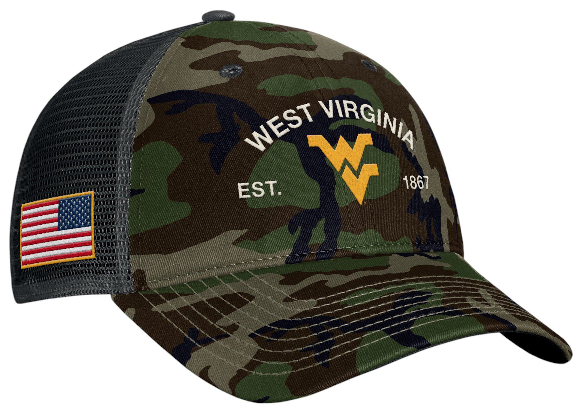 Nike Adult West Virginia Mountaineers Medium Olive 2025 Military Appreciation Trucker Hat