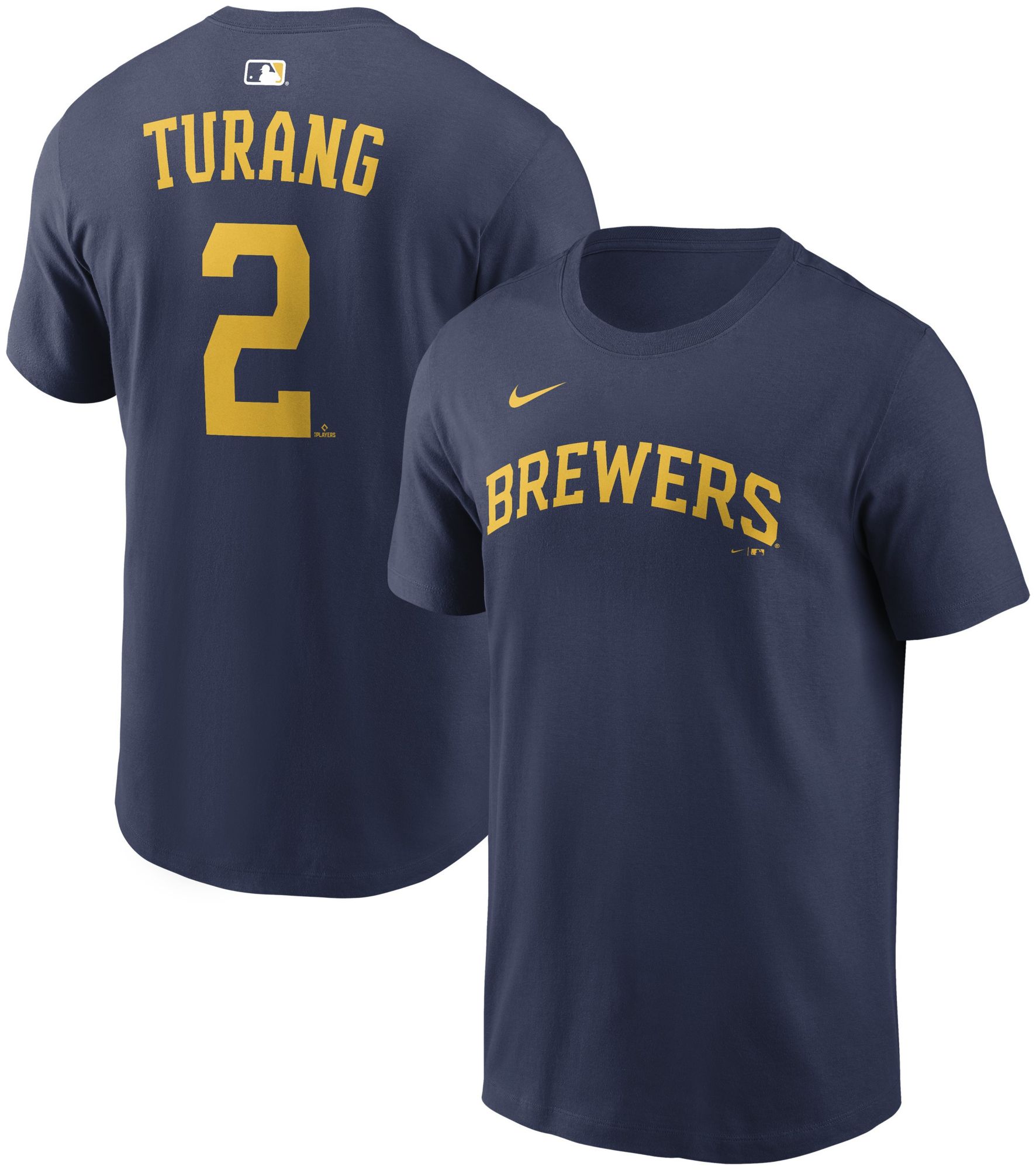 Nike Men's Milwaukee Brewers Brice Turang #2 Navy Home T-Shirt