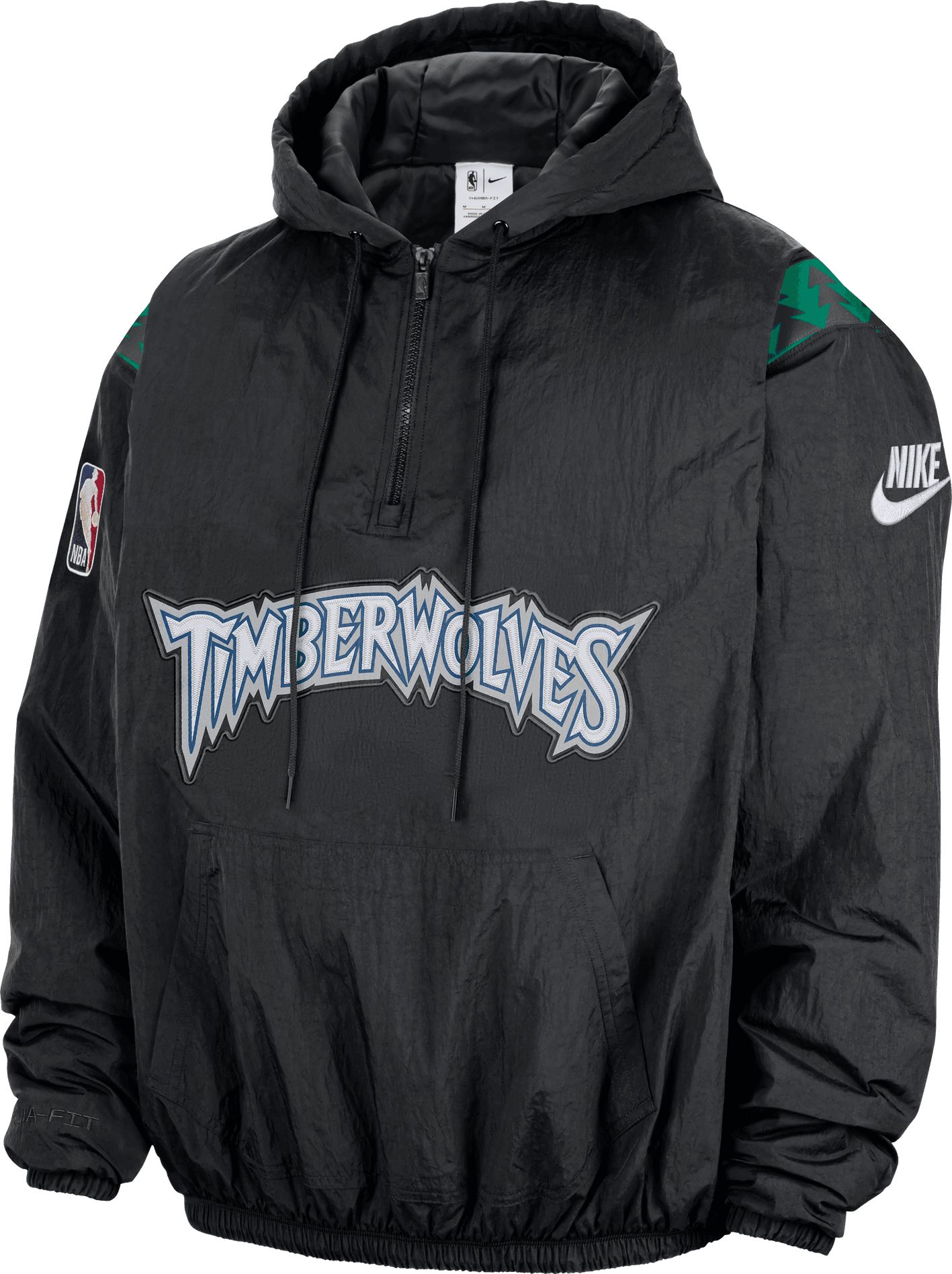 Nike Men's Minnesota Timberwolves Hardwood Classics Black Wordmark Therma-FIT Woven Half-Zip Hoodie