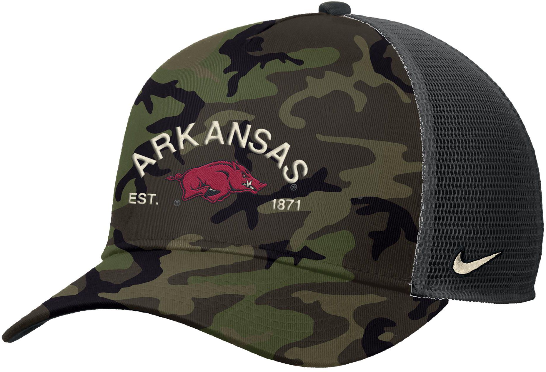 Nike Adult Arkansas Razorbacks Camo 2025 Military Appreciation Trucker Hat