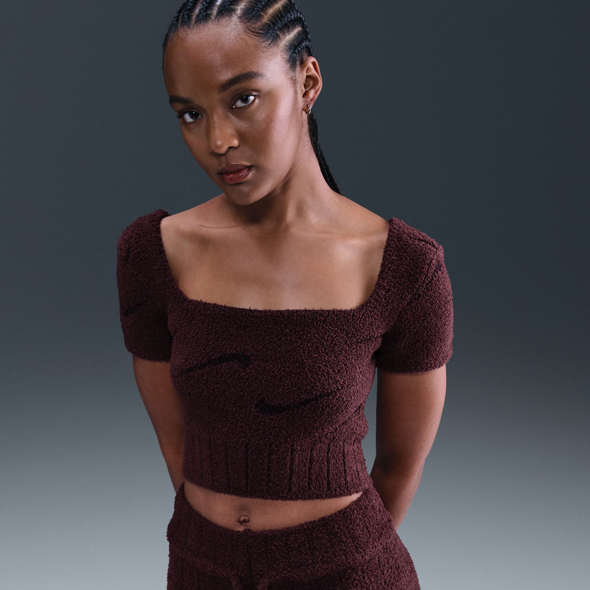 Nike Women's Sportswear Phoenix Cozy Bouclé Short-Sleeve Cropped Knit Top