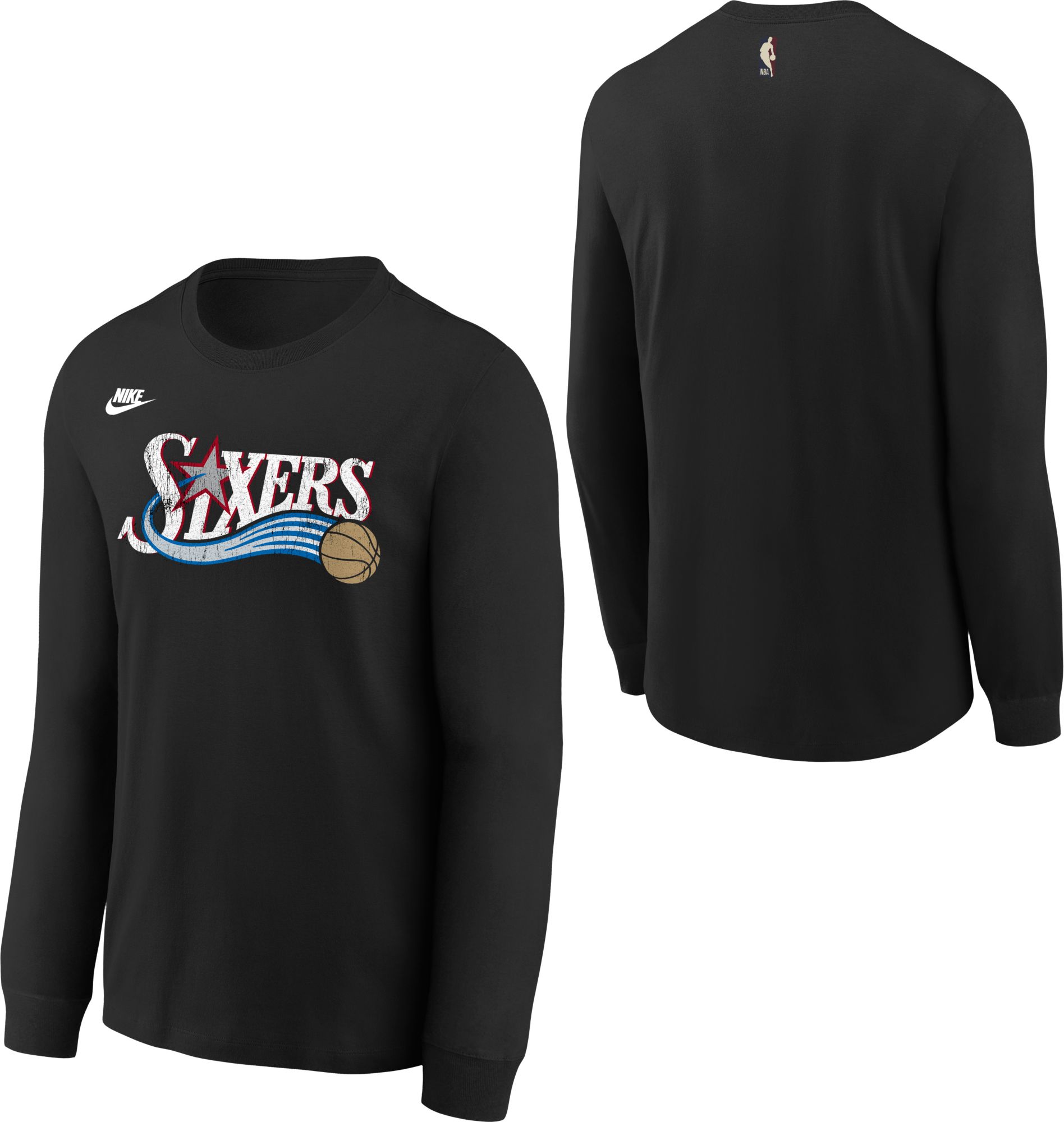 Nike Youth Philadelphia 76ers Black Hardwood Classics Wordmark Long Sleeve Shirt