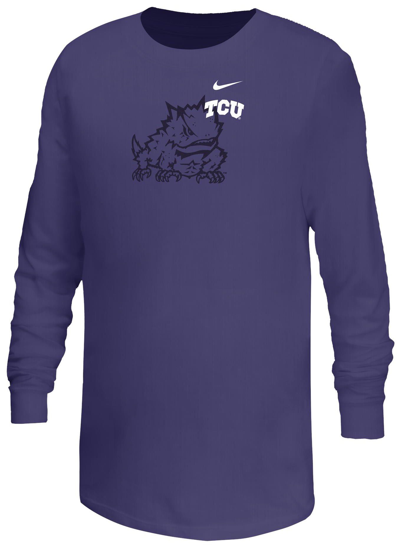 Nike Youth TCU Horned Frogs Purple Core Cotton Mascot Logo Long Sleeve T-Shirt
