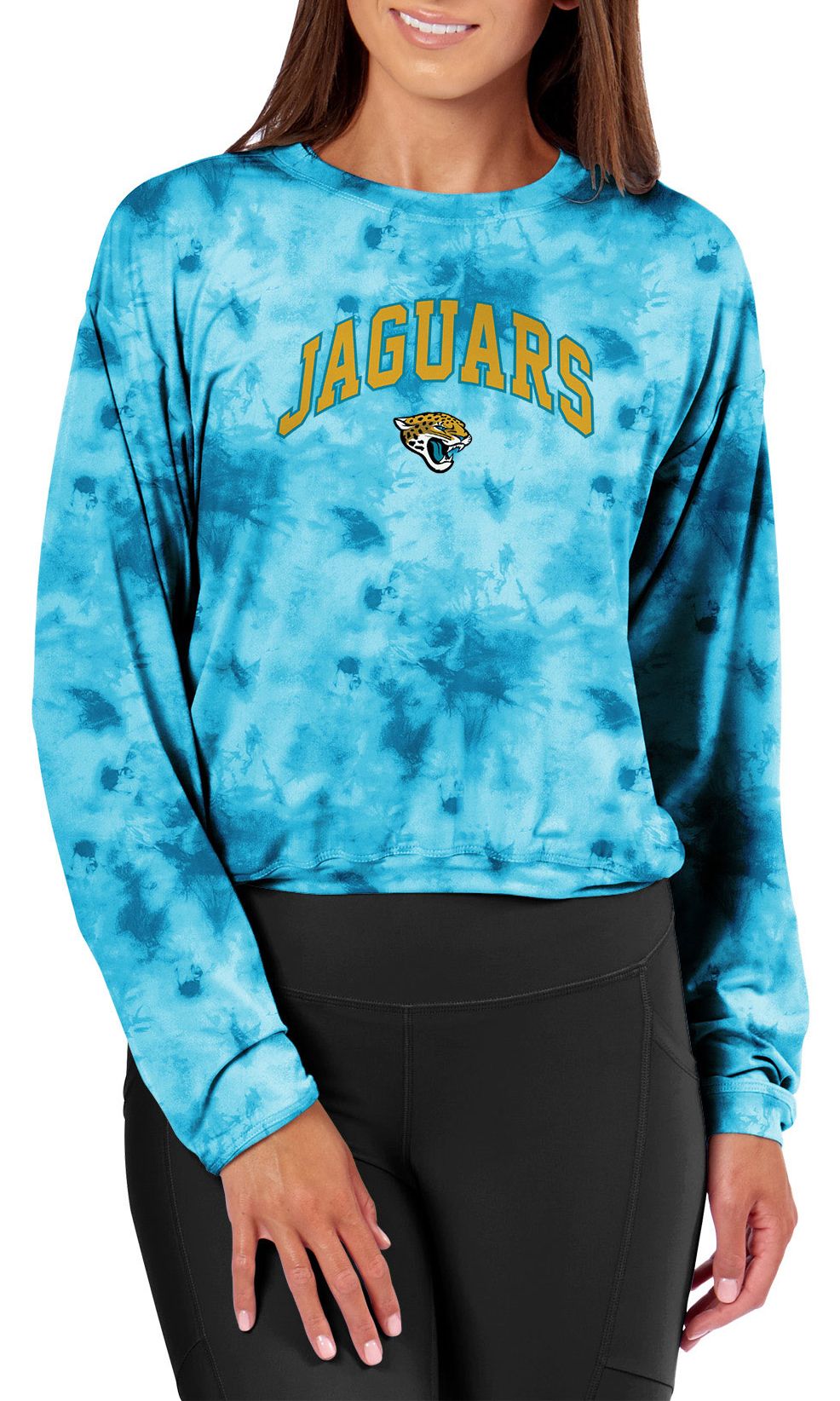 Certo Women's Jacksonville Jaguars Turquoise Tie Dye Script Long Sleeve T-Shirt