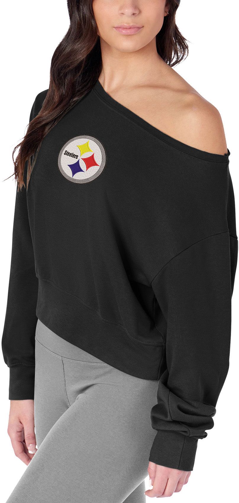 Certo Women's Pittsburgh Steelers Black Off the Shoulder Crew Pullover
