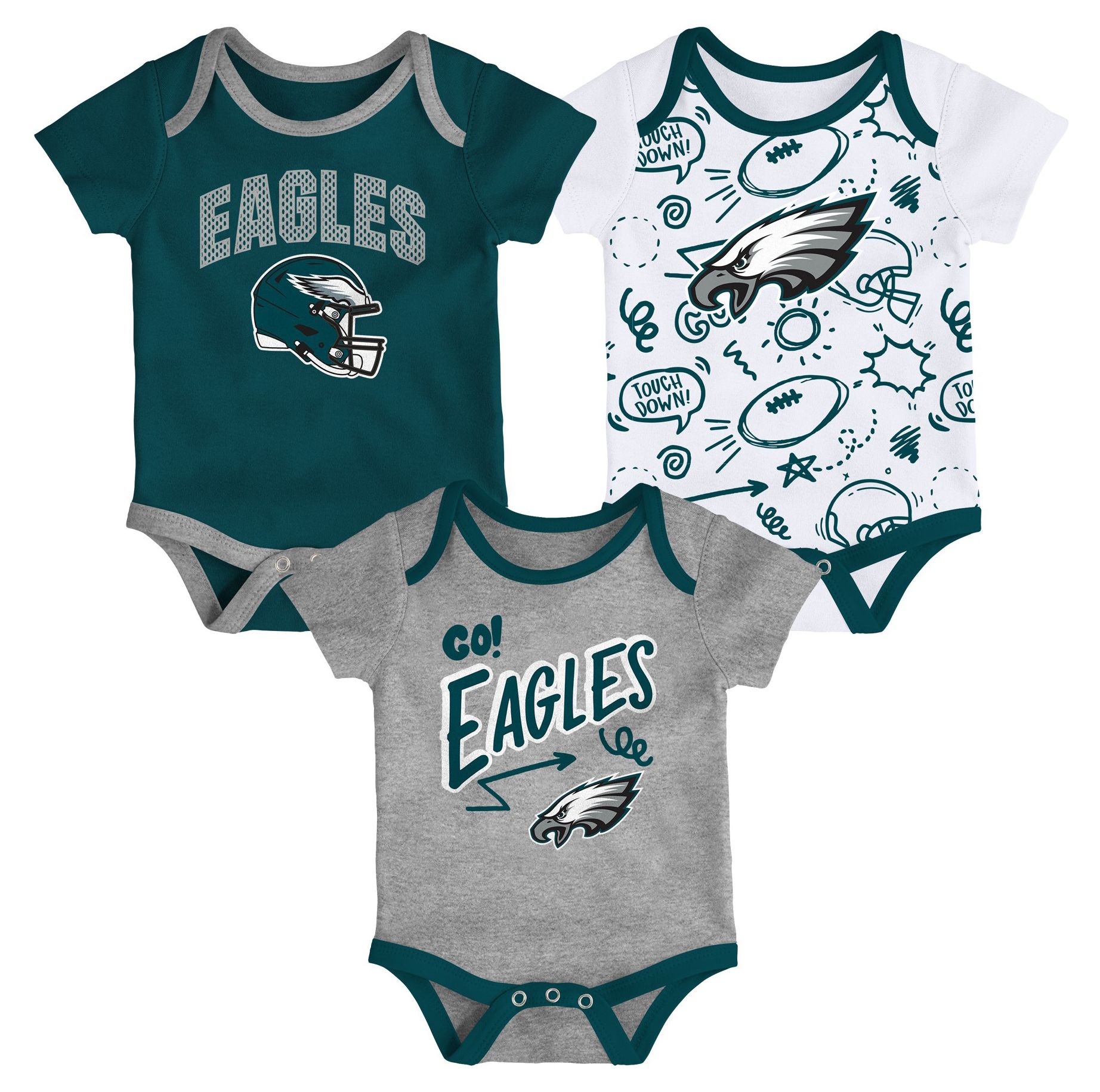 NFL Team Apparel Infant Philadelphia Eagles Green Newborn All Day Play 3-Pack Creeper Set
