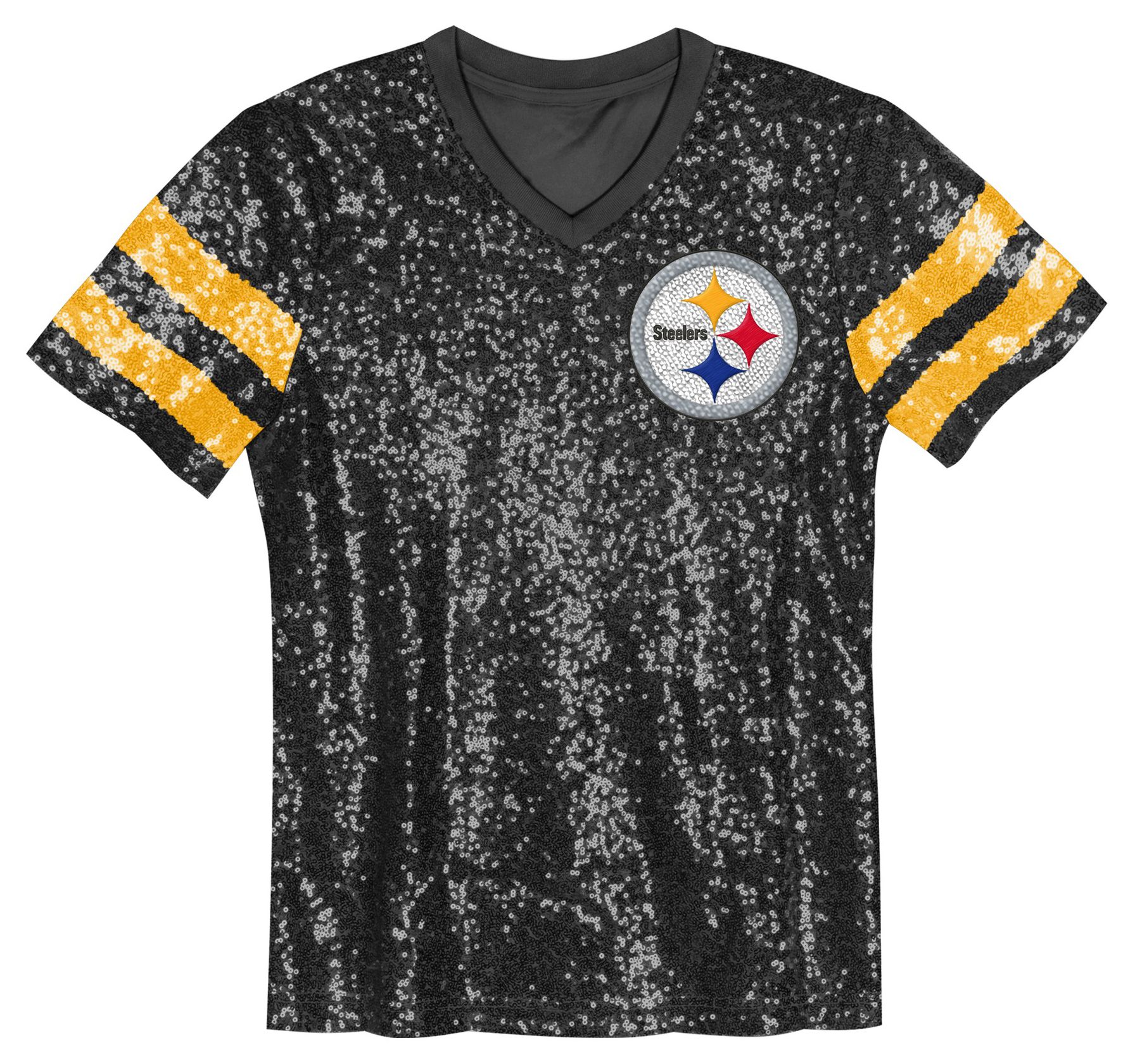 NFL Team Apparel Women's Pittsburgh Steelers Black Glam Sequin Striped T-Shirt
