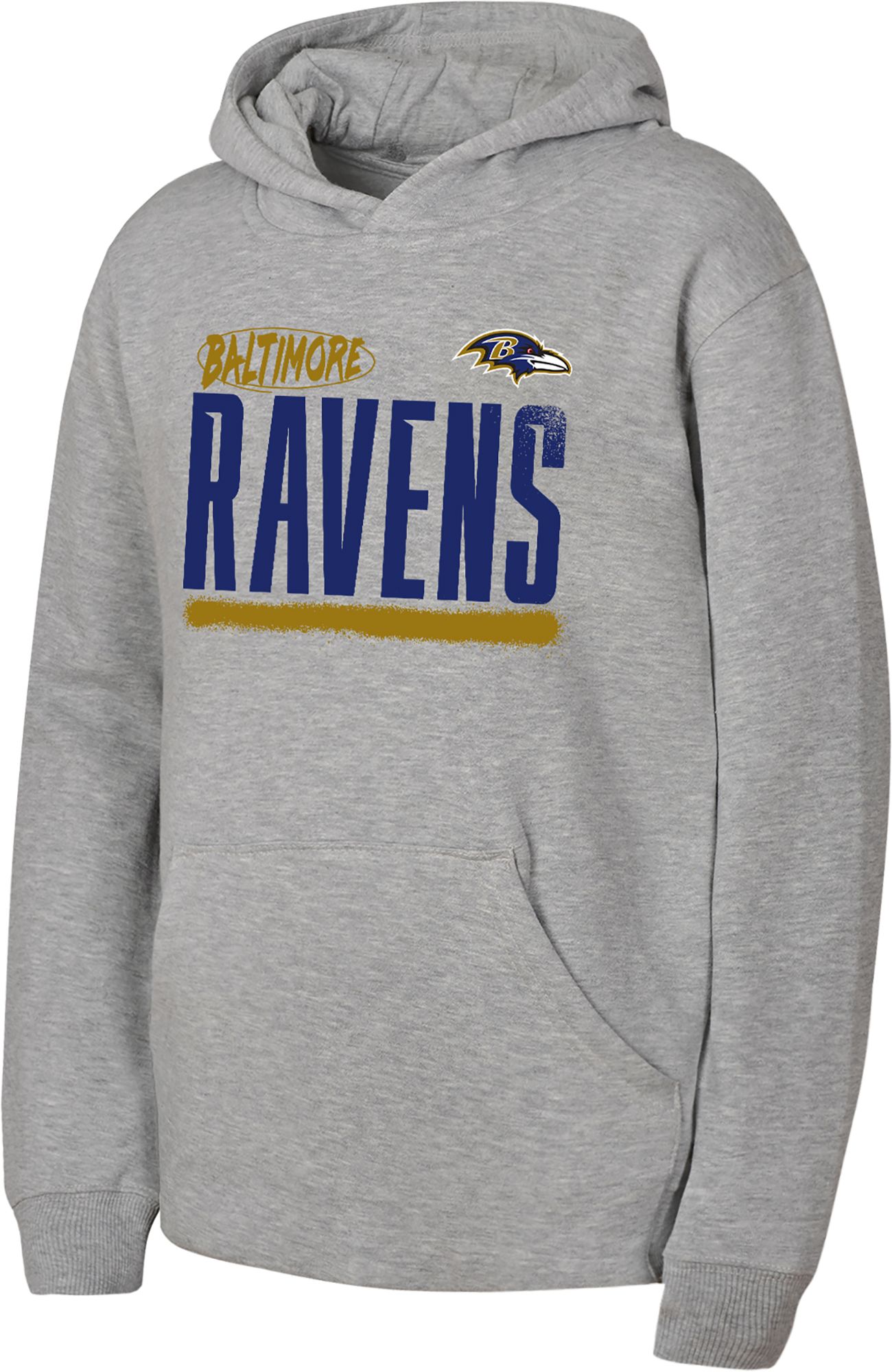 NFL Team Apparel Youth Baltimore Ravens Heather Grey Gameday Spray Pullover Hoodie