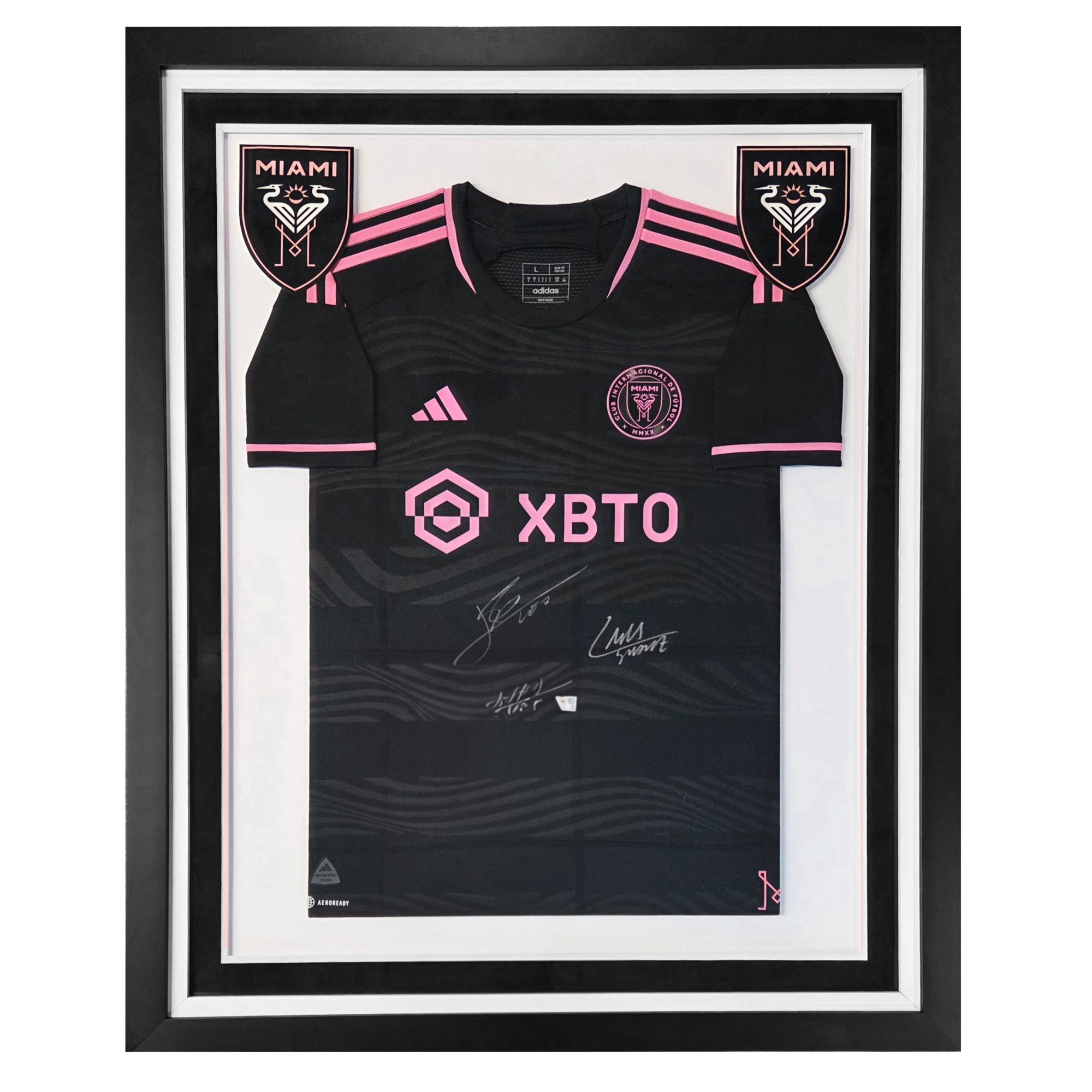 Framed MLS Inter Miami CF Lionel Messi, Suárez and Busquets Authentic Autographed Jersey (Under glass, double-matted $250)