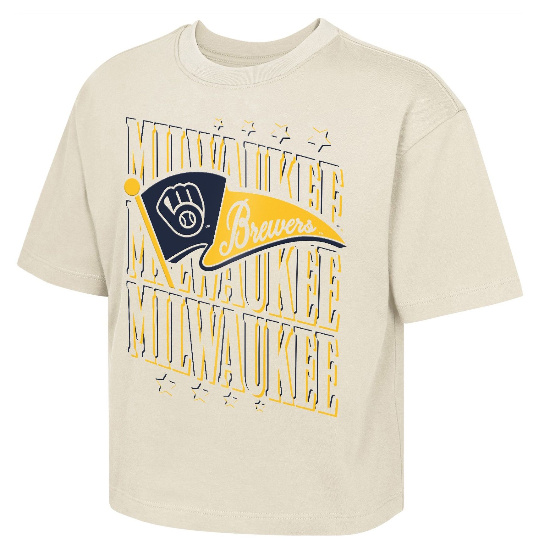 MLB Team Apparel Girls' Milwaukee Brewers Tan Team Flag Boxy T-Shirt