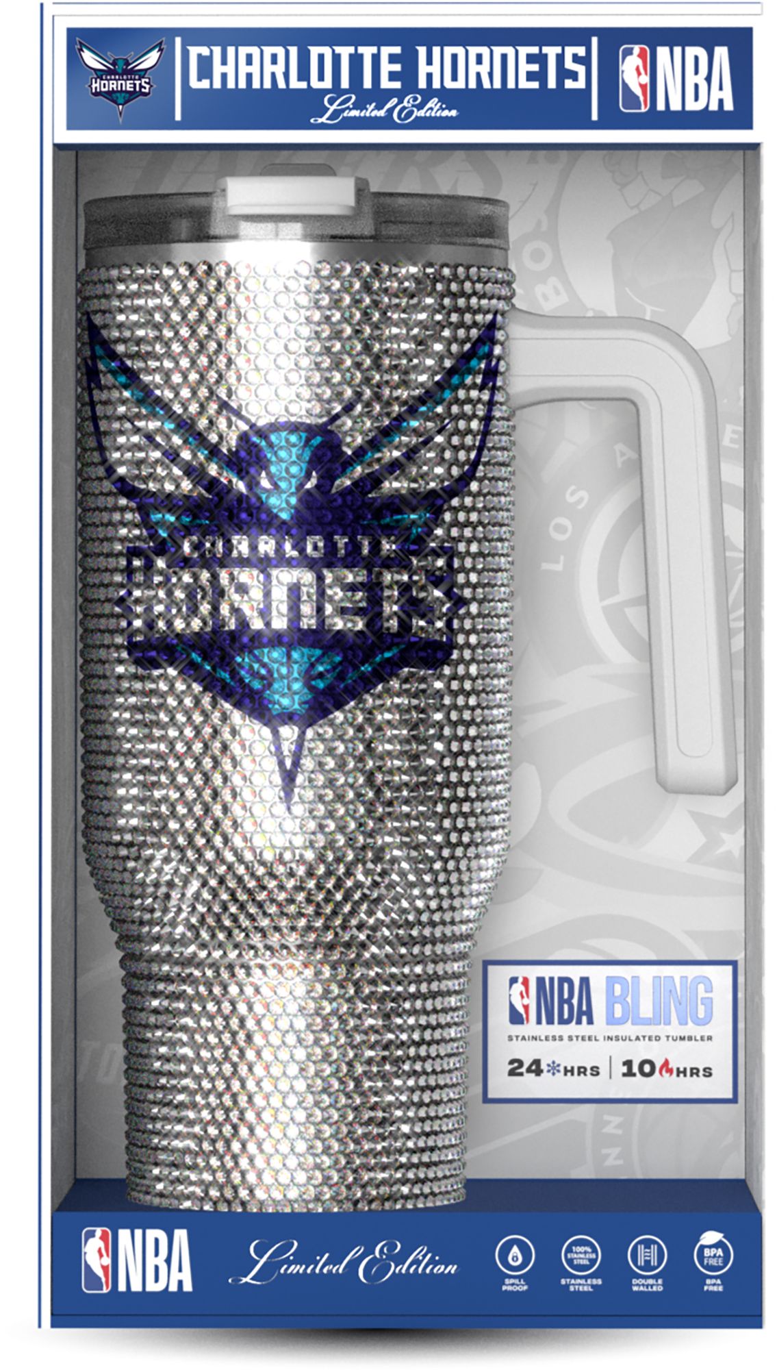 HYDRAPEAK Adult Charlotte Hornets Silver 40-Ounce Bling Voyager Tumbler
